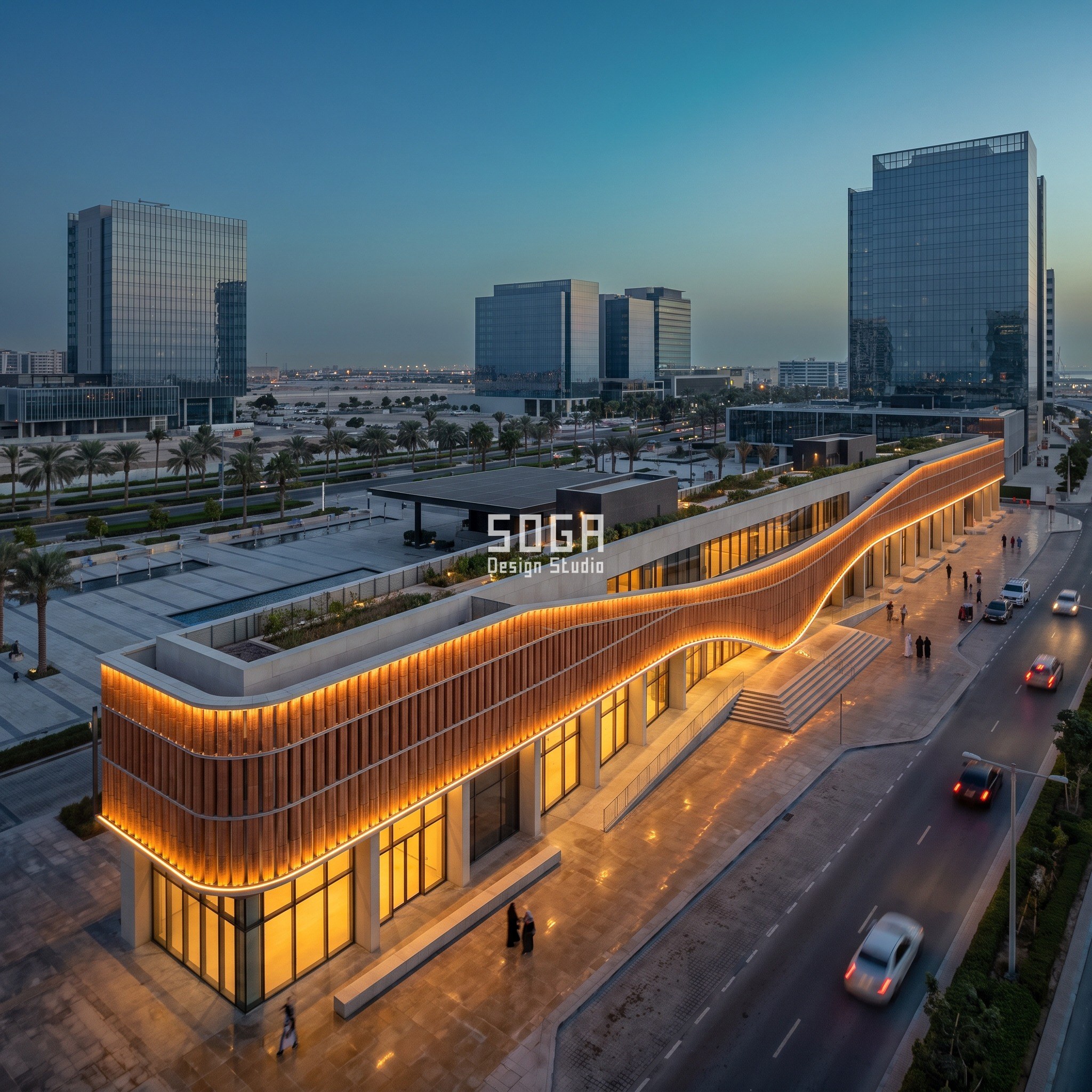 Shopping Mall Facade Design Singapore: GPR Terrace Guide 3 Abu Dhabi: a 9,000 sq m linear retail strip on Al Reem Island's waterfront with 140 basement bays. The roof ribbon band grows from 1.2 m to 3.6 m proud of the glazing line along the 110 m frontage, clad in warm terracotta baguette rainscreen fins.