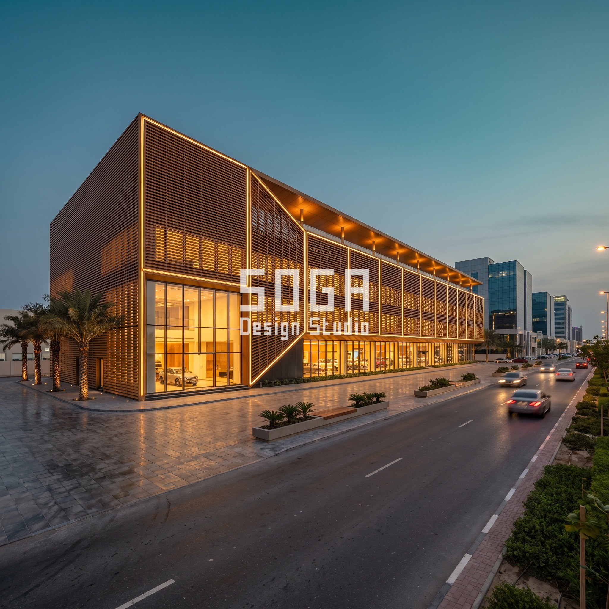 Ras Al Khaimah: a 6,000 sq m G+3 flagship automotive showroom on Al Hamra's 50 m frontage with 60 forecourt bays. A perforated screen opens from 12 percent to 52 percent porosity across six bands from north to south, in warm timber-tone amber-anodised slats over charcoal glazing.