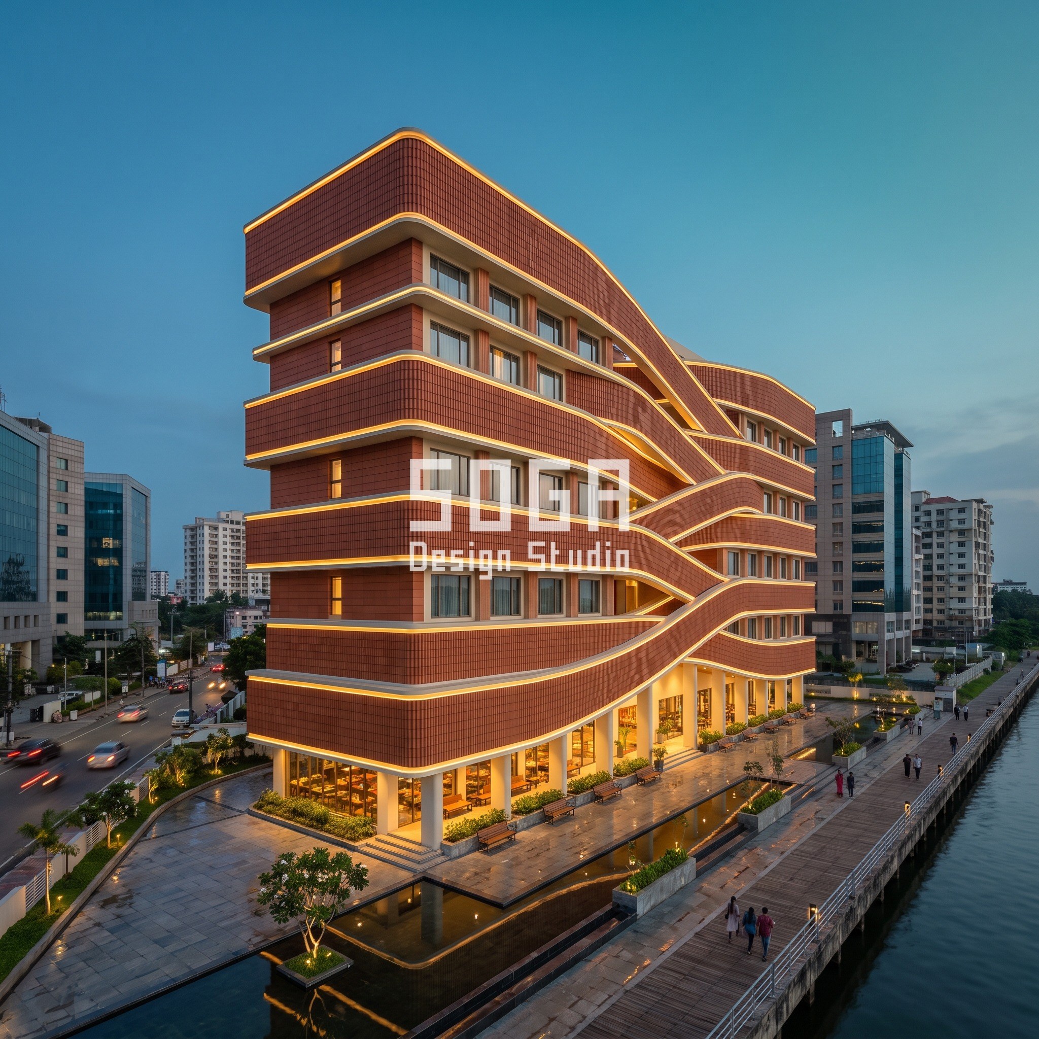 Kochi: a 14,000 sq m G+9 boutique waterfront hotel on Marine Drive's 48 m frontage with 90 basement bays. Two braided bars cross with an overlap widening from 2.4 m to 8.4 m across six nodes toward the harbour, clad in warm terracotta baguette rainscreen fins.