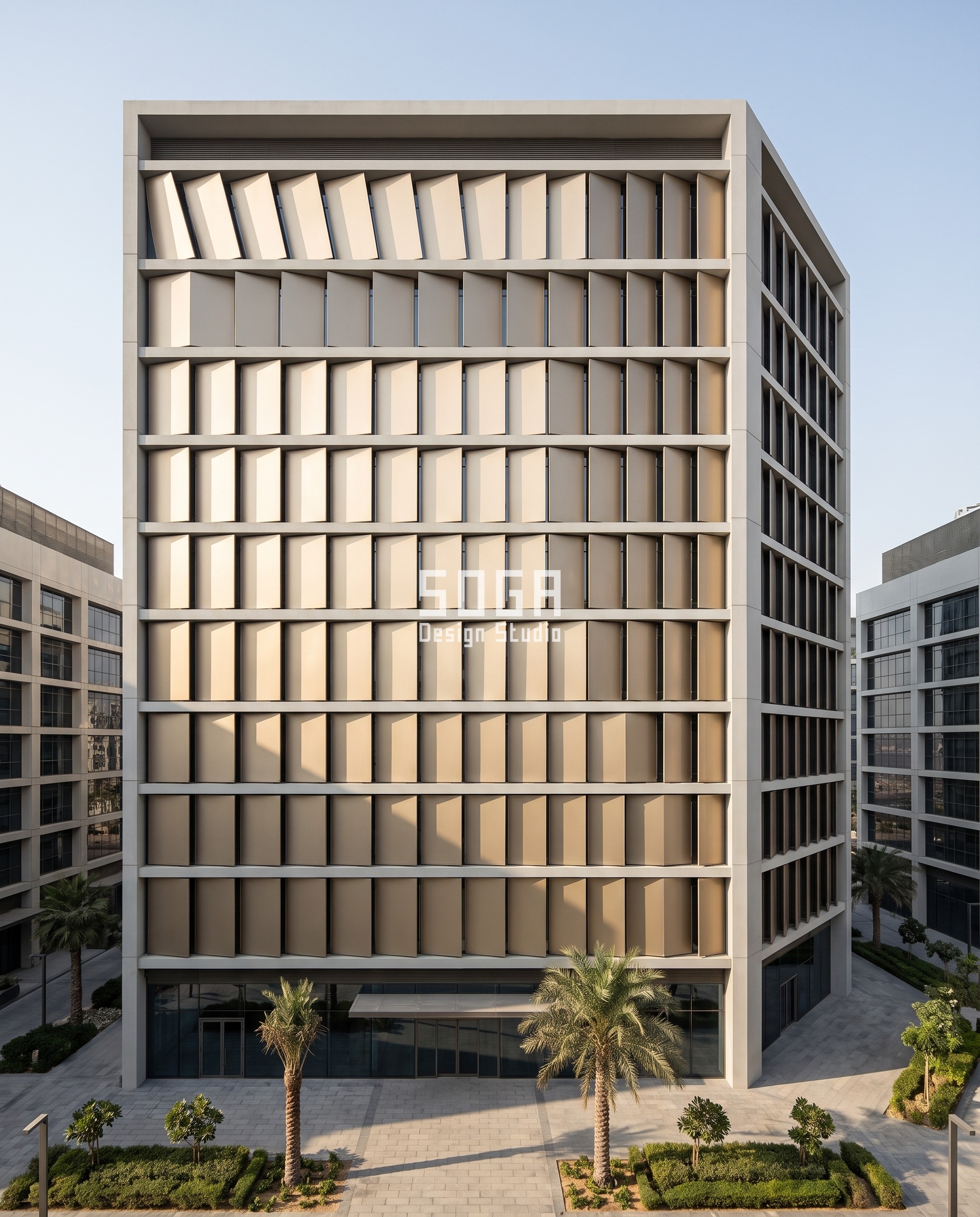 Dubai G plus 12 headquarters with champagne anodised folded plates whose crease lean reverses diagonally across the face and at the corner return at a constant 260 mm projection
