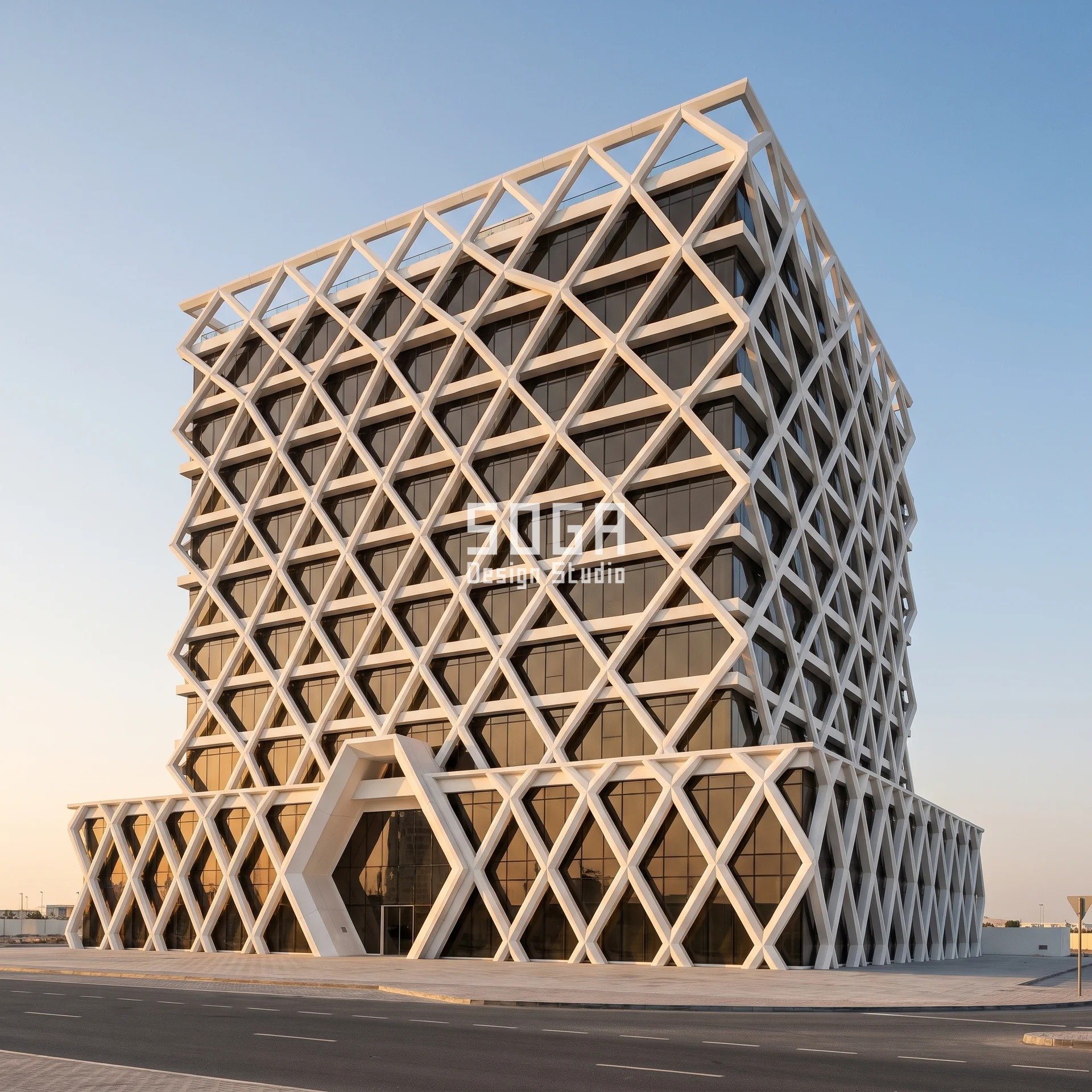 Commercial Facade Glass Reflectivity Limits 2026: 4 Markets 2 Dubai Business Bay G+11 tower wrapped on all faces in a white GRC diamond grille that steps out as a deeper two-storey plinth around a hexagonal entrance portal