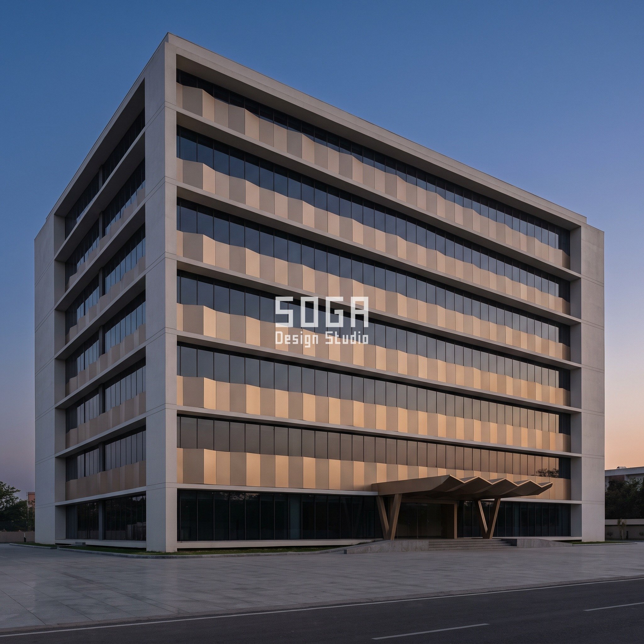 Gurugram G+7 office with champagne anodised pleated spandrel bands and a folded zigzag entrance canopy over low-reflectance glass