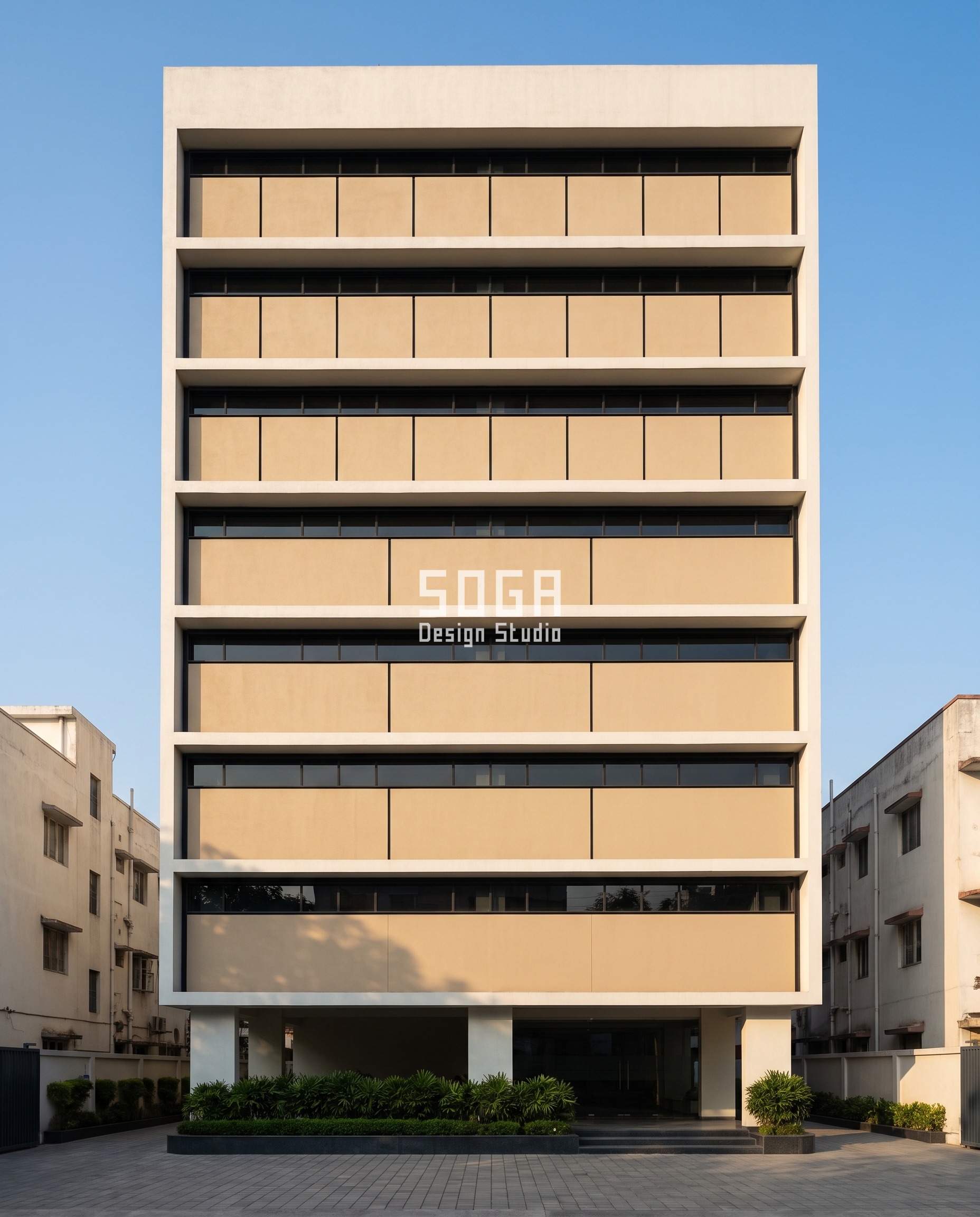 Kolkata G plus 8 office with a parametric GRC tray wall whose tray count radiates from one to four outward and upward from a blank reserved sign bay