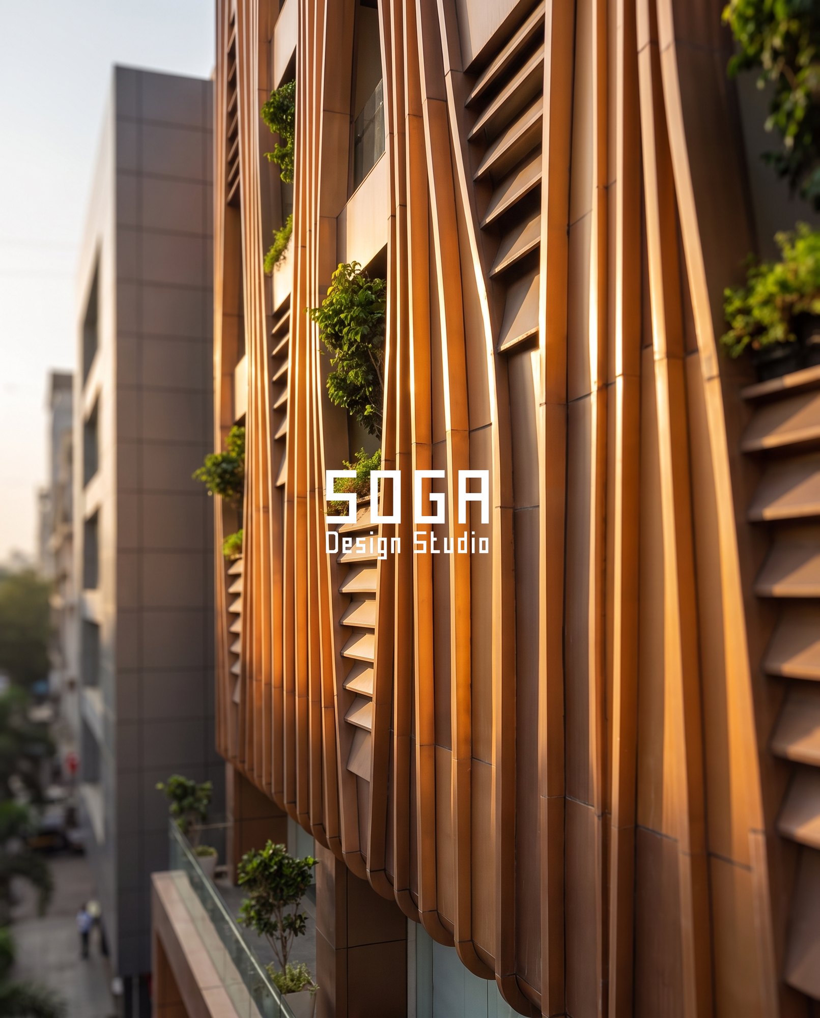 Commercial Facade Design: What It Adds to Land Value 4 Raking golden-hour view along the copper-anodised fins of the commercial facade, showing the 260 mm fin depth, the shadow it throws across the glazing behind and the planting inside each lens opening.