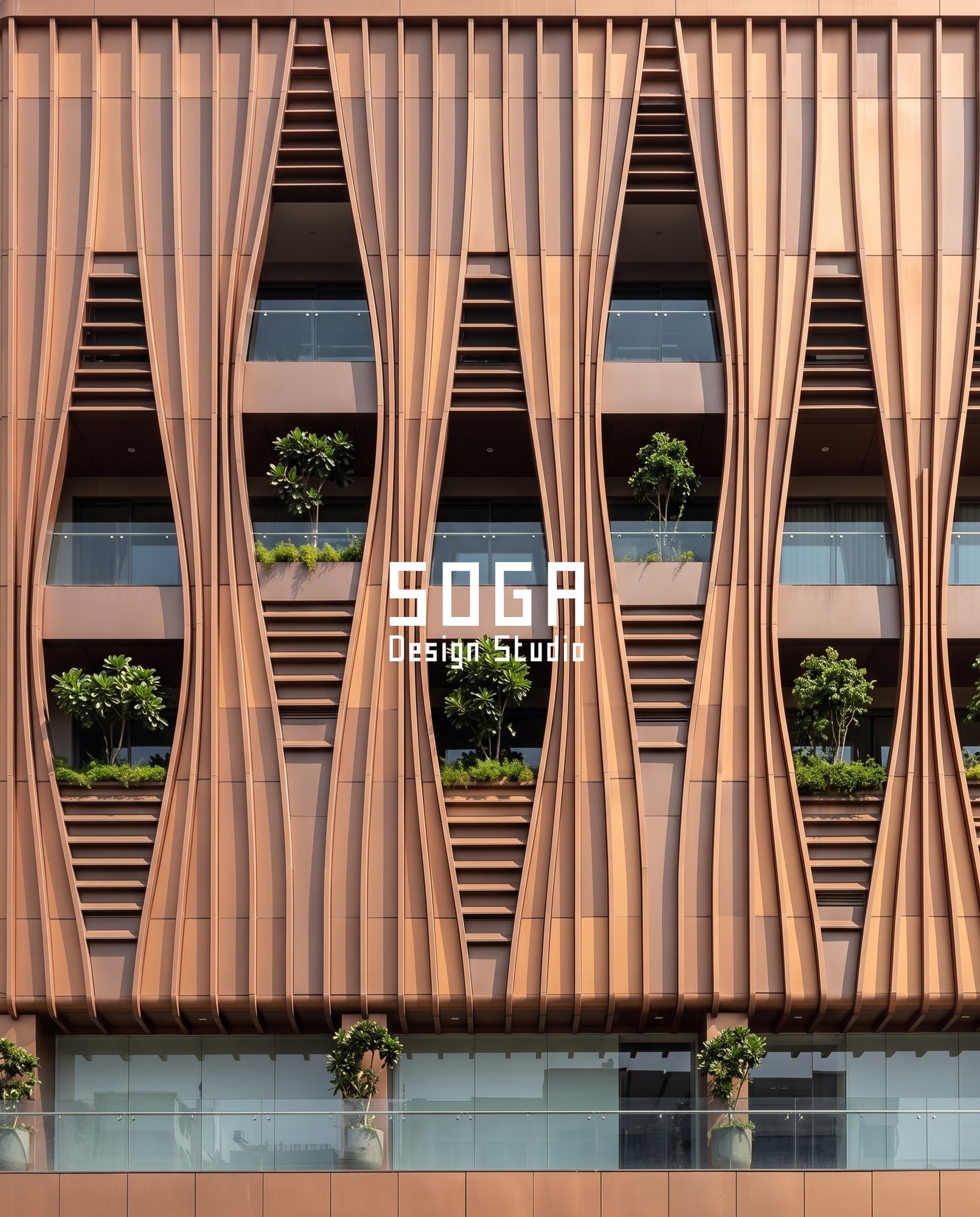 Commercial Facade Design: What It Adds to Land Value 3 Flat elevation detail of the Parametric Lens Fin commercial facade: paired curved fins bowing apart to form a repeating lens aperture, with fixed louvre blades in the tapered ends and a planted balcony pocket at each opening.