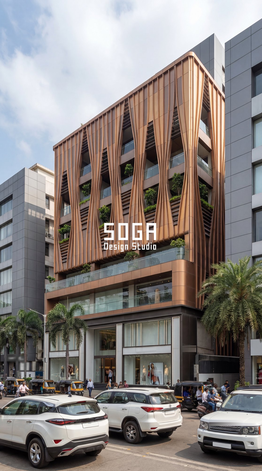 Commercial Facade Design: What It Adds to Land Value 2 The same commercial facade seen down the high street, its copper fin volume cantilevered over the retail plinth and readable from 200 metres — the recognition distance that turns a commercial building into a landmark address.