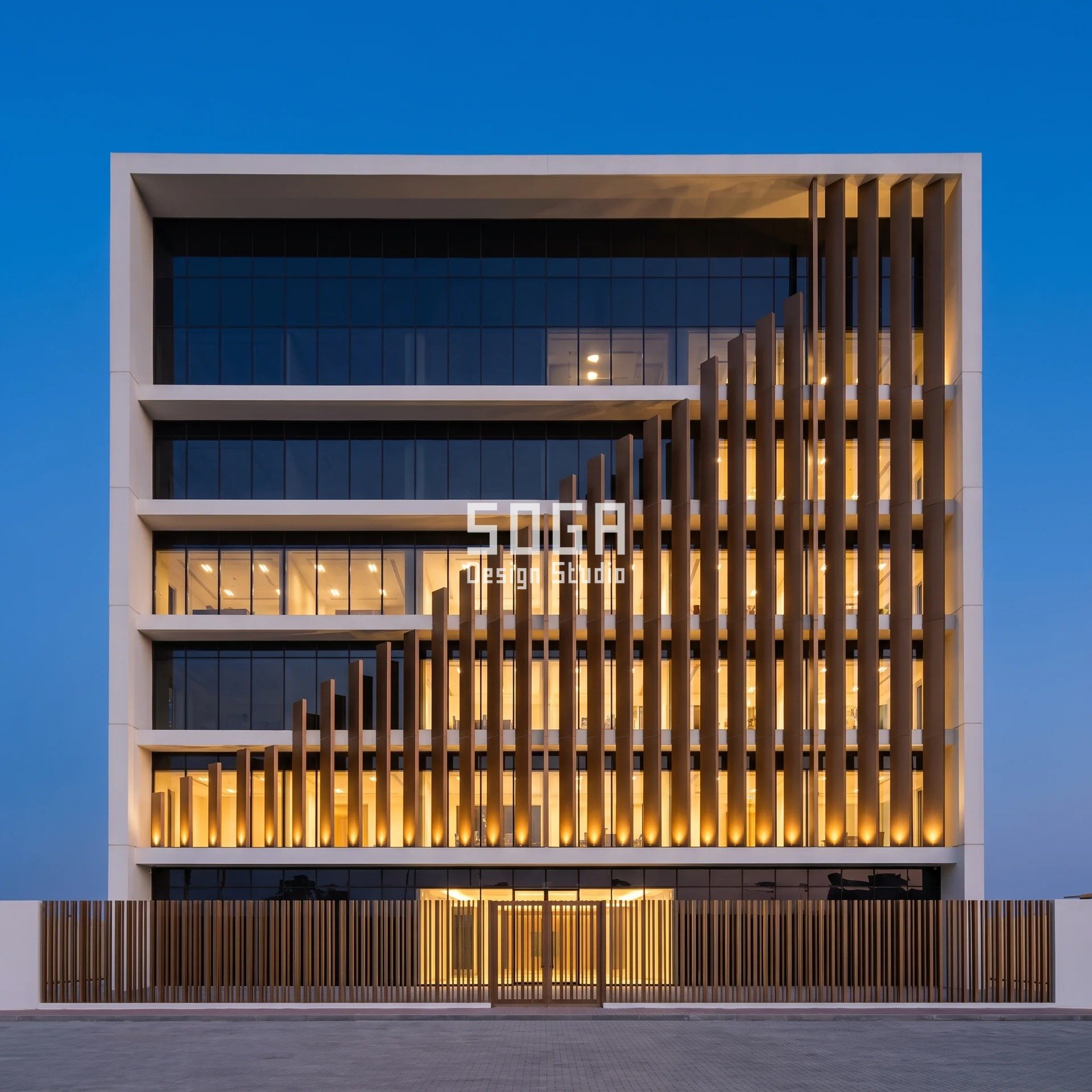 Commercial Facade Glass Reflectivity Limits 2026: 4 Markets 4 Ras Al Khaimah HQ with 80 bronze anodised fins rising from 1.5 m to 15 m off the first-floor slab to screen the west glass