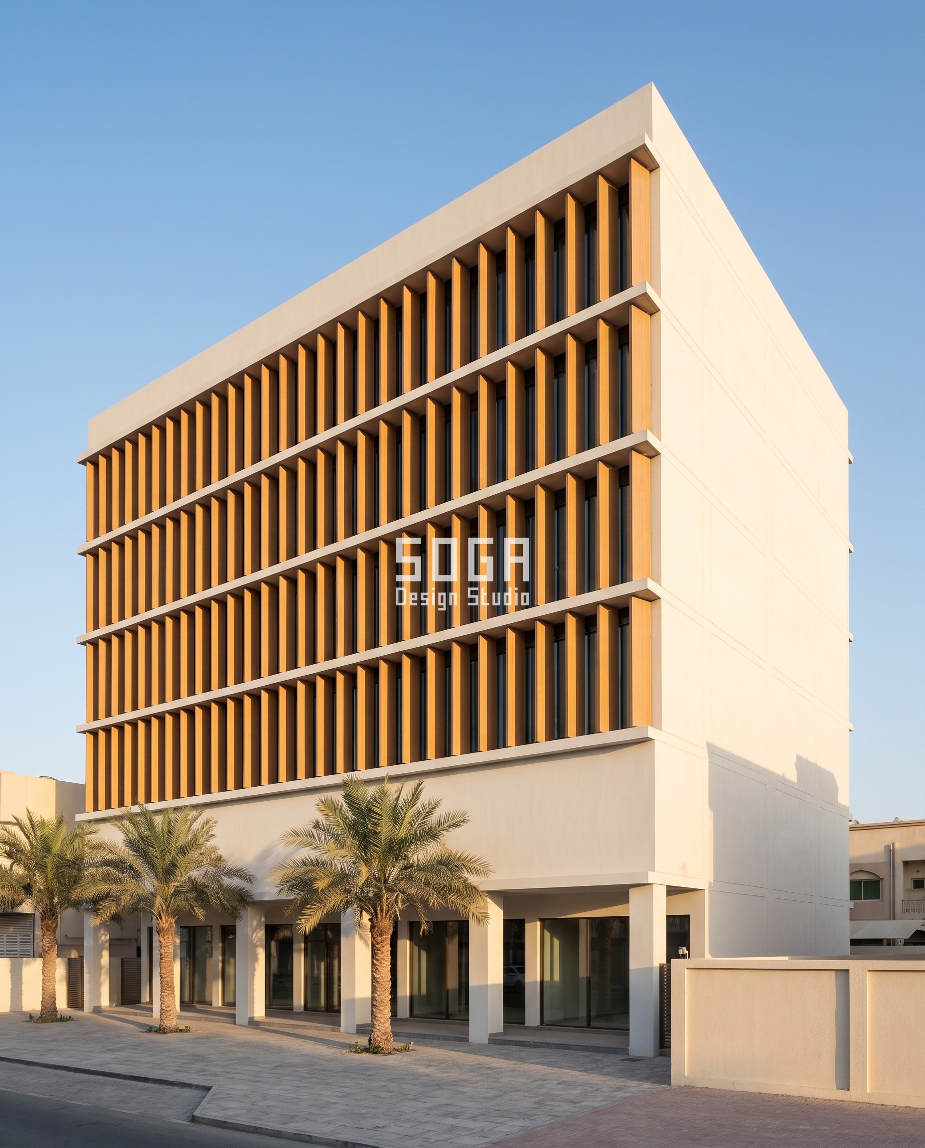Sharjah showroom block with folded timber-look box fins widening from 60 to 420 mm at constant 450 mm centres above a tall blank bilingual sign band