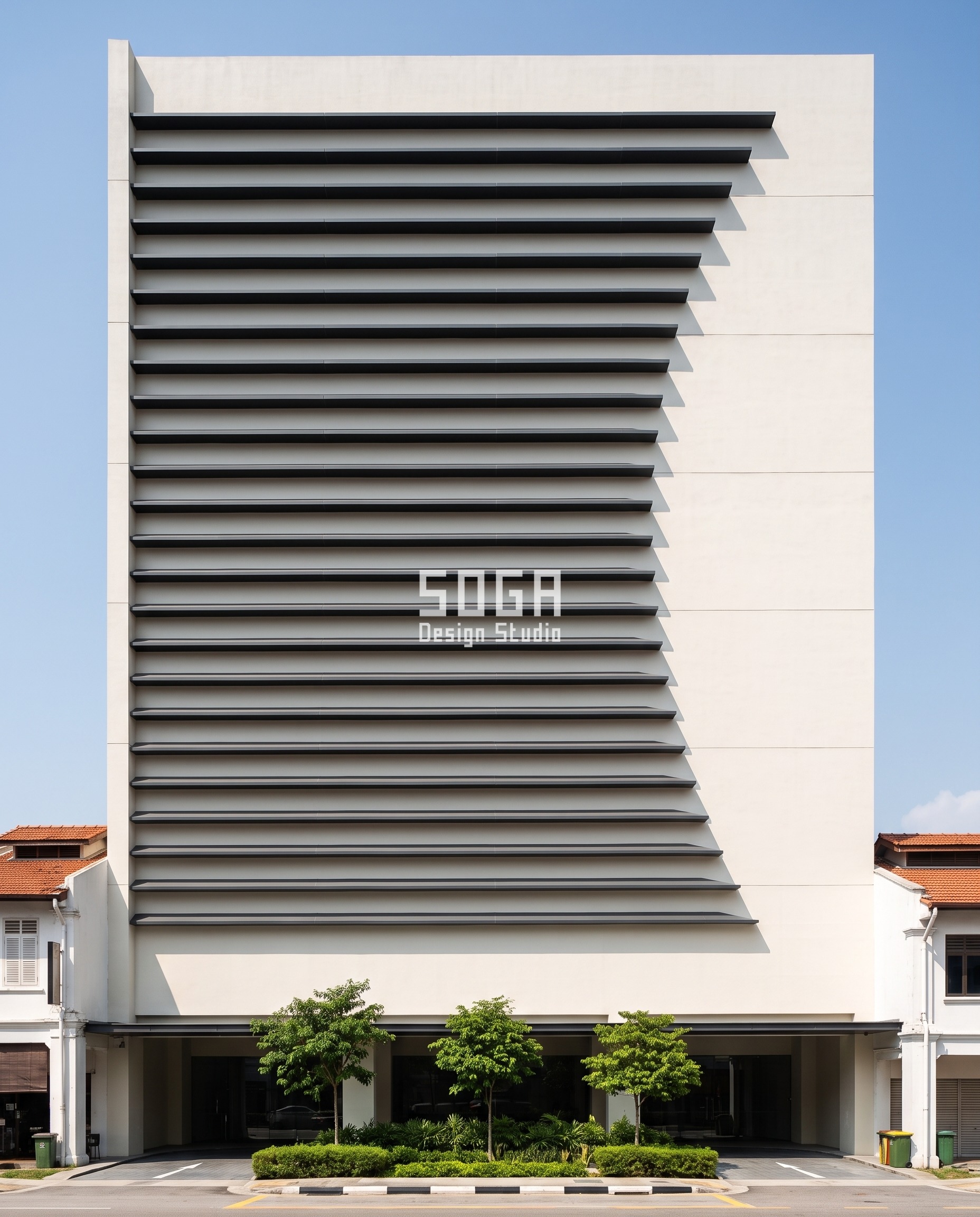Singapore G plus 10 podium tower with graphite louvre blades whose run-out shortens up the face, the ends drawing one curve above a plain first-storey fascia band