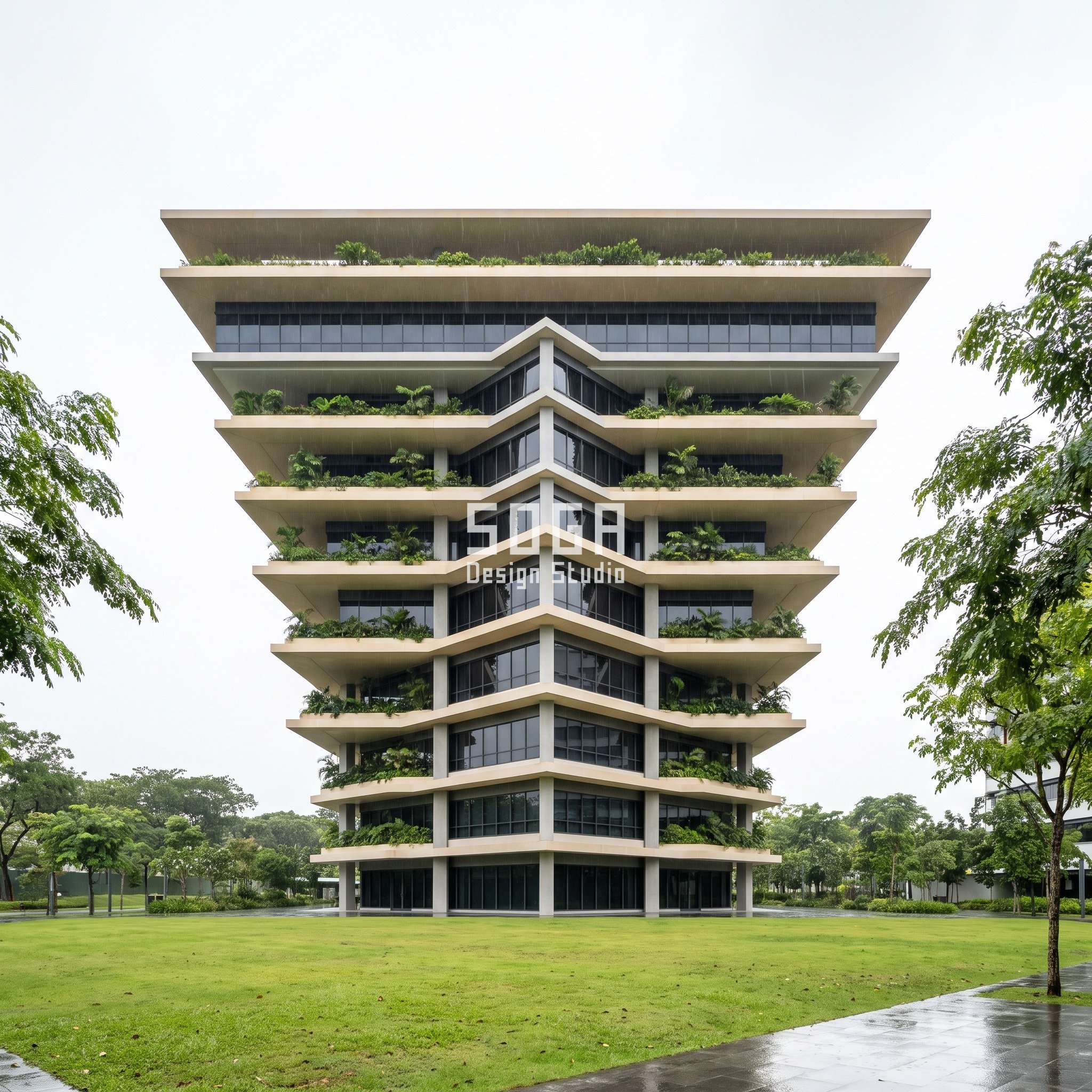 Commercial Facade Glass Reflectivity Limits 2026: 4 Markets 3 Singapore one-north office shaped as an inverted stepped pyramid, planted sandstone precast ledges growing floor by floor to a deep roof ledge over a glazed top floor