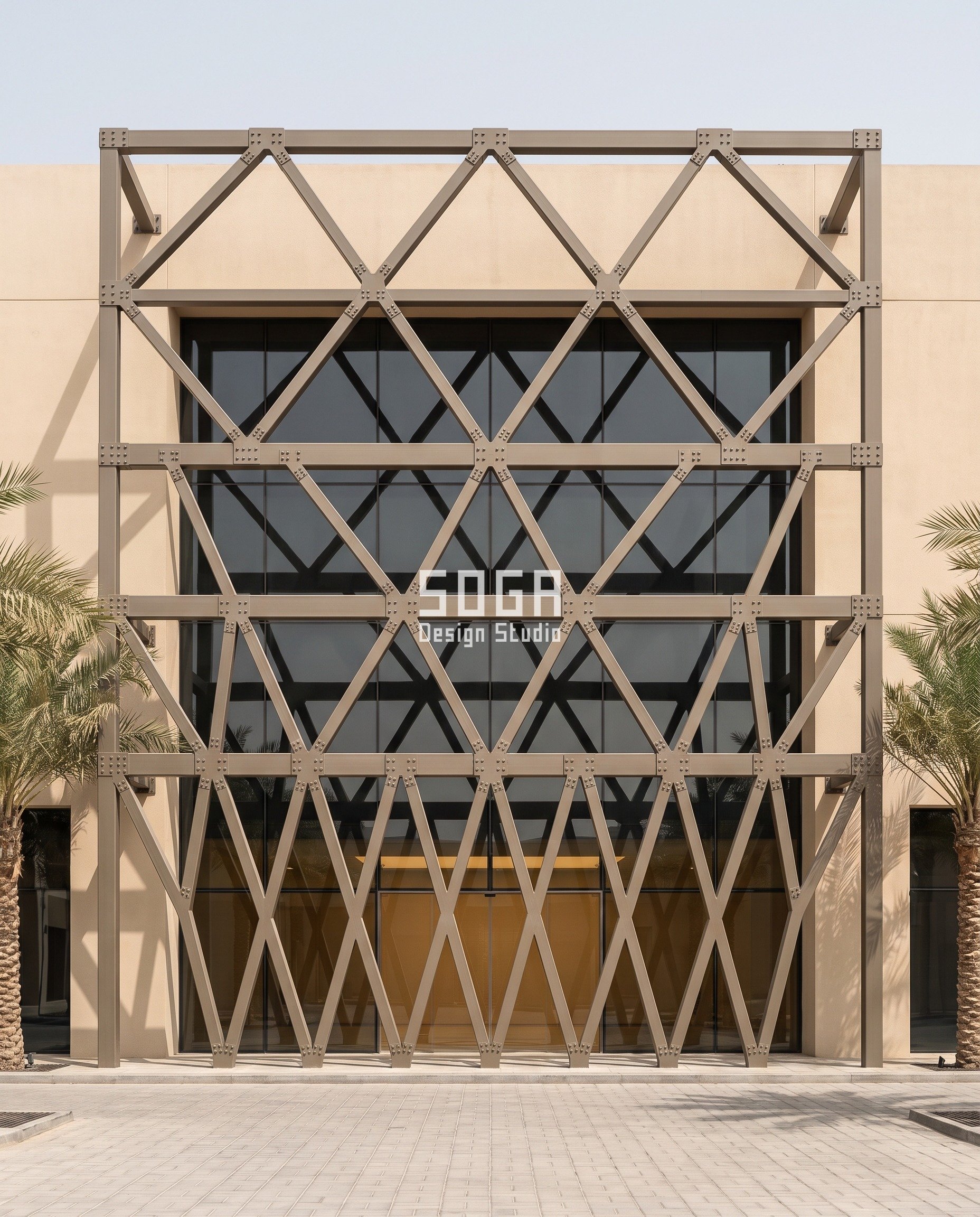 Parametric Freestand Diagrid on a leased boulevard showroom in Abu Dhabi - a free-standing bolted steel diagrid screen standing 900 mm clear of the glass, member angle easing 64 to 38 degrees up the height