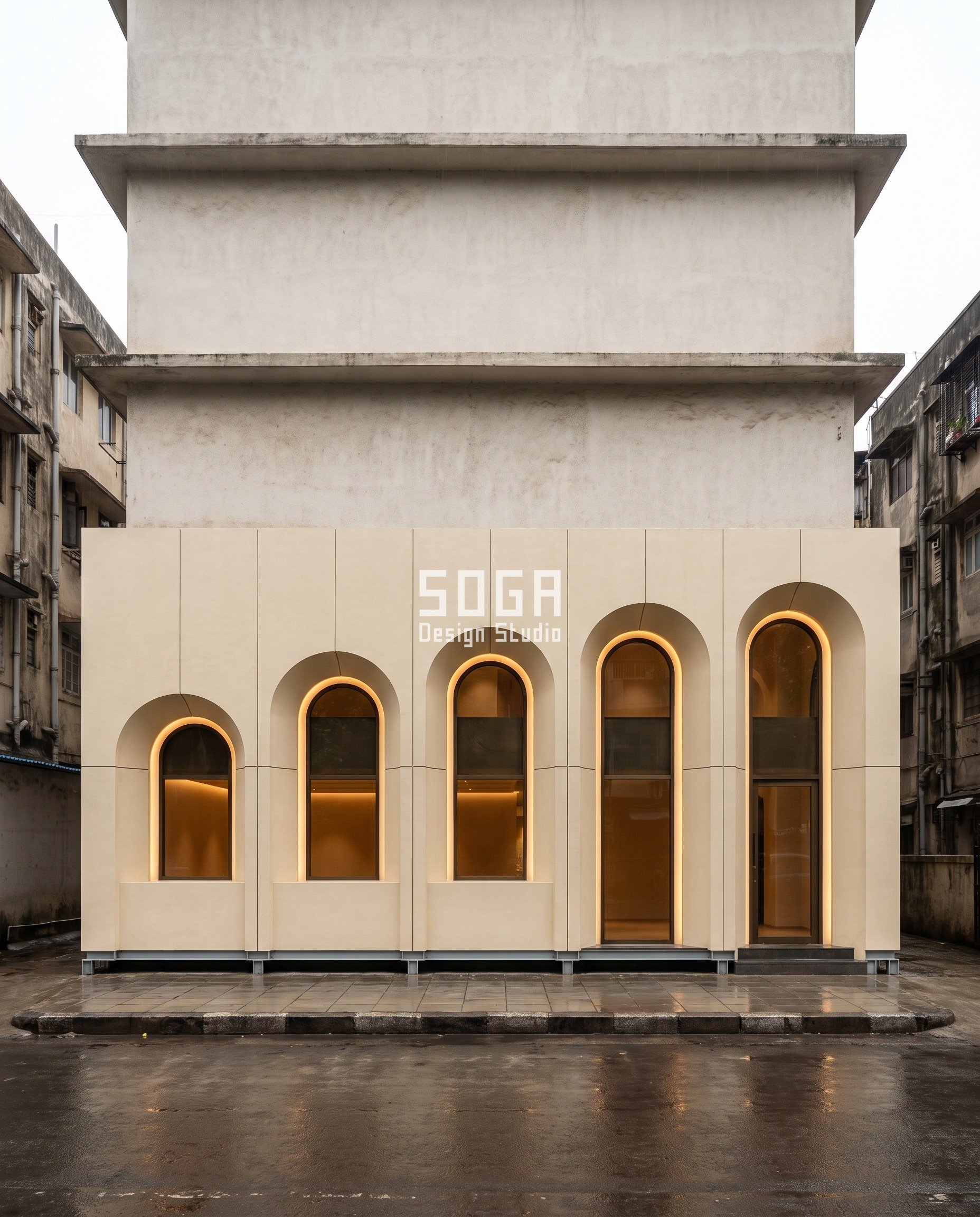 Parametric Handback Arcade leased retail shopfront in Dadar, Mumbai - five pill arches in sand-cream GRC with arch rise stepping 1,150 to 2,150 mm on a floor-borne galvanised steel grillage
