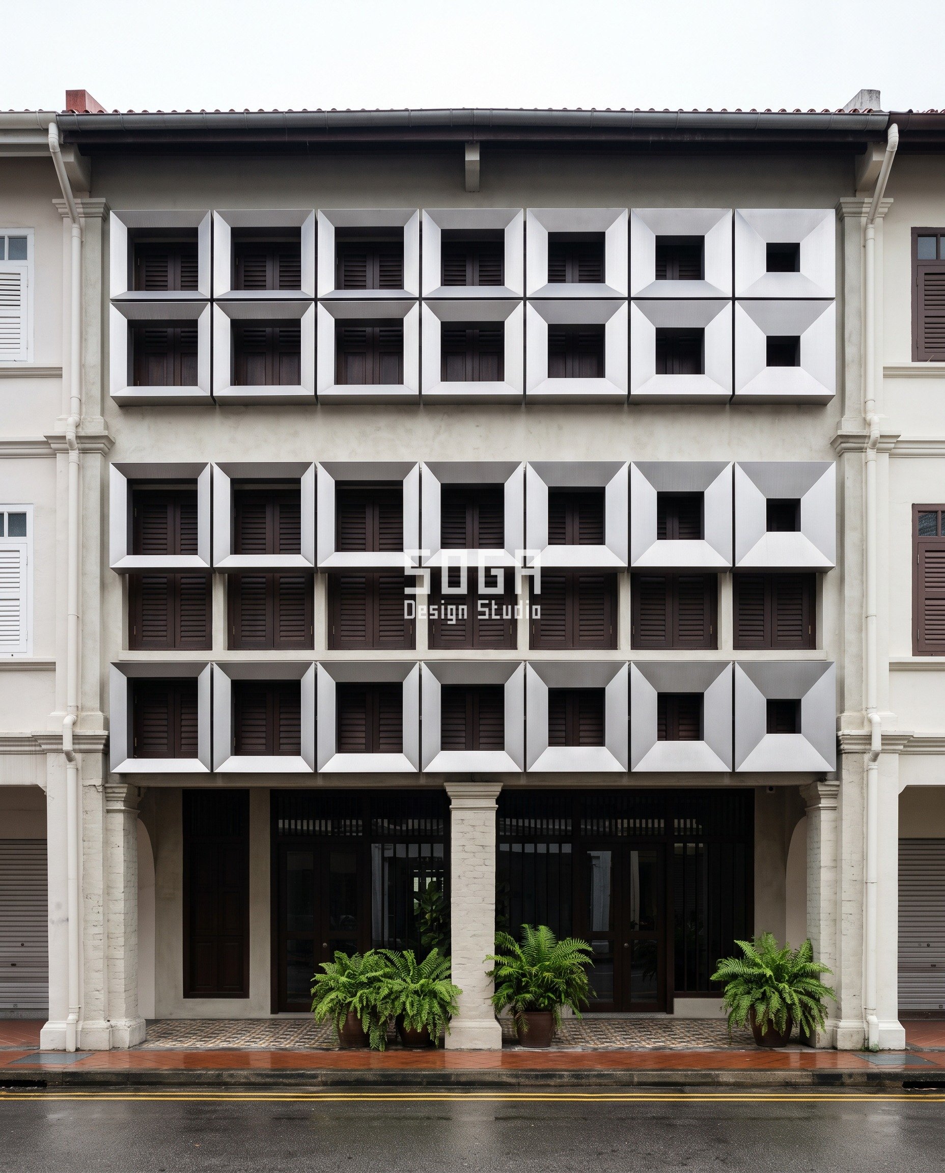 Parametric Jointline Tray on a leased conservation shophouse frontage in Singapore - 120 mm deep matt stainless trays with openings growing 140 to 860 mm, every anchor in a mortar joint