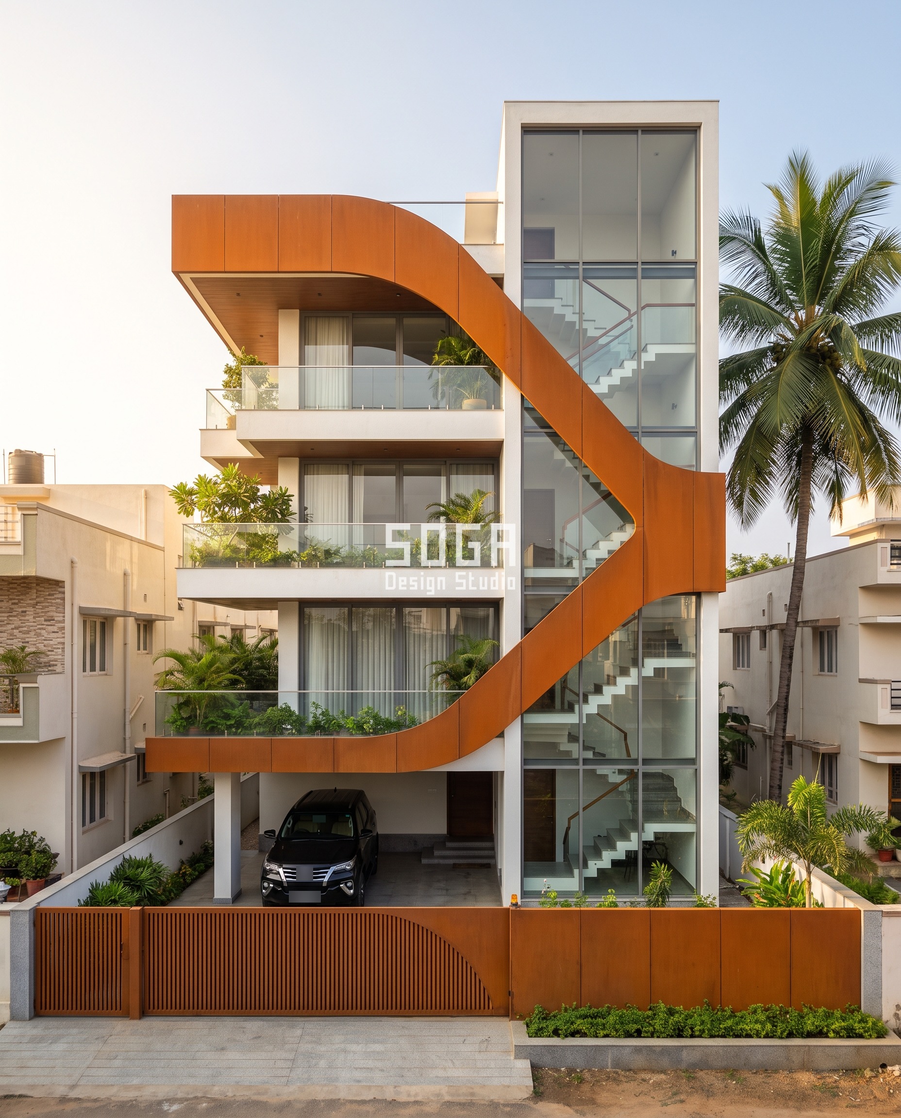 Staircase Elevation Design: Light Low, Vent The Mumty 5 Mysuru staircase elevation design with a single rust-orange weathering-steel ribbon sweeping in an S-curve down across a glass stair tower and planted terraces