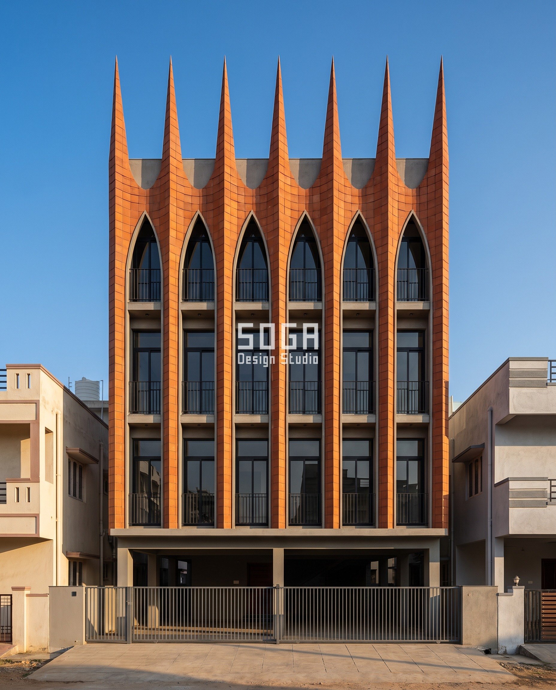 Future-floor elevation design in Mandya: saffron-rust terracotta scales on a 900 mm balcony band at every floor of a G+4 house, the 320 mm square lap turning from 0 to 90 degrees across seven bays.