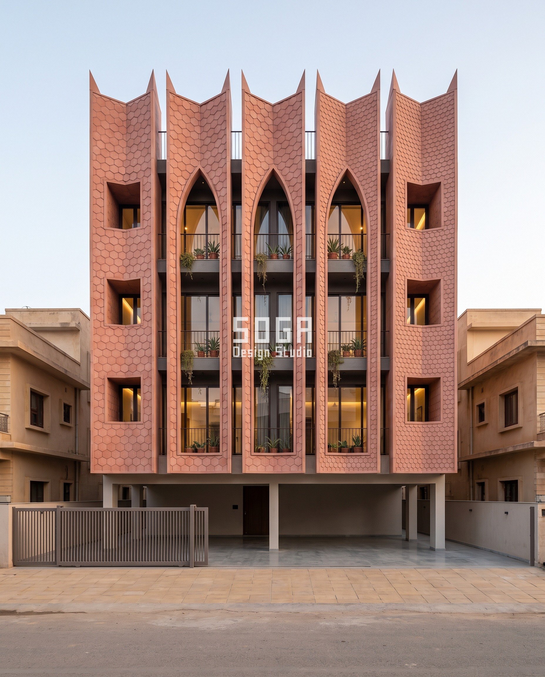 House elevation designed for future floors in Pali, Rajasthan: a terracotta-rose UHPC hexagon husk on a G+3 residence, hexagons shrinking from 800 mm to 300 mm across flats around five deep bored openings.