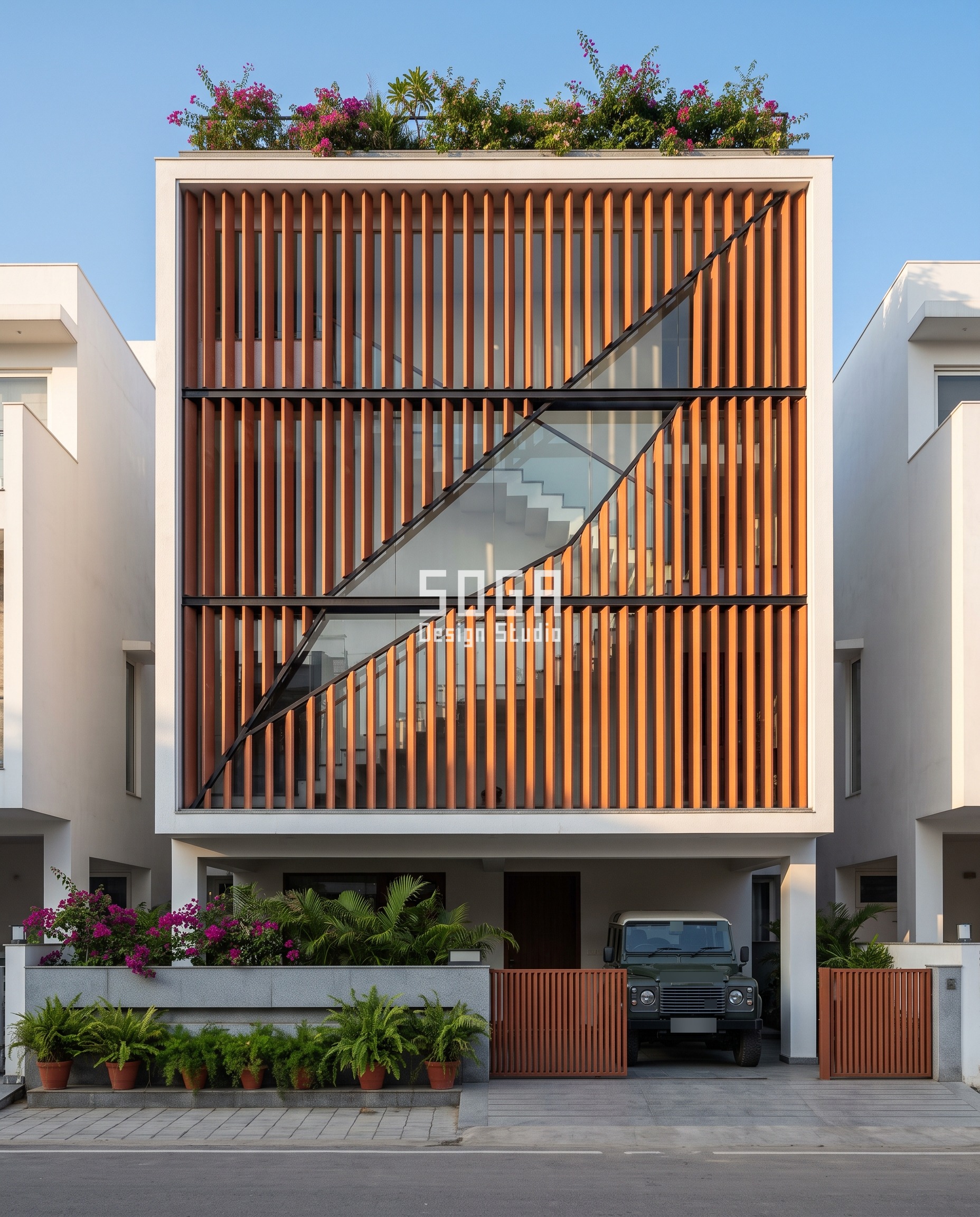 Staircase Elevation Design: Light Low, Vent The Mumty 3 Terracotta louver staircase elevation design in Lucknow, a full-width screen of rust-red fins split by a diagonal glazed reveal that shows the stair flights inside