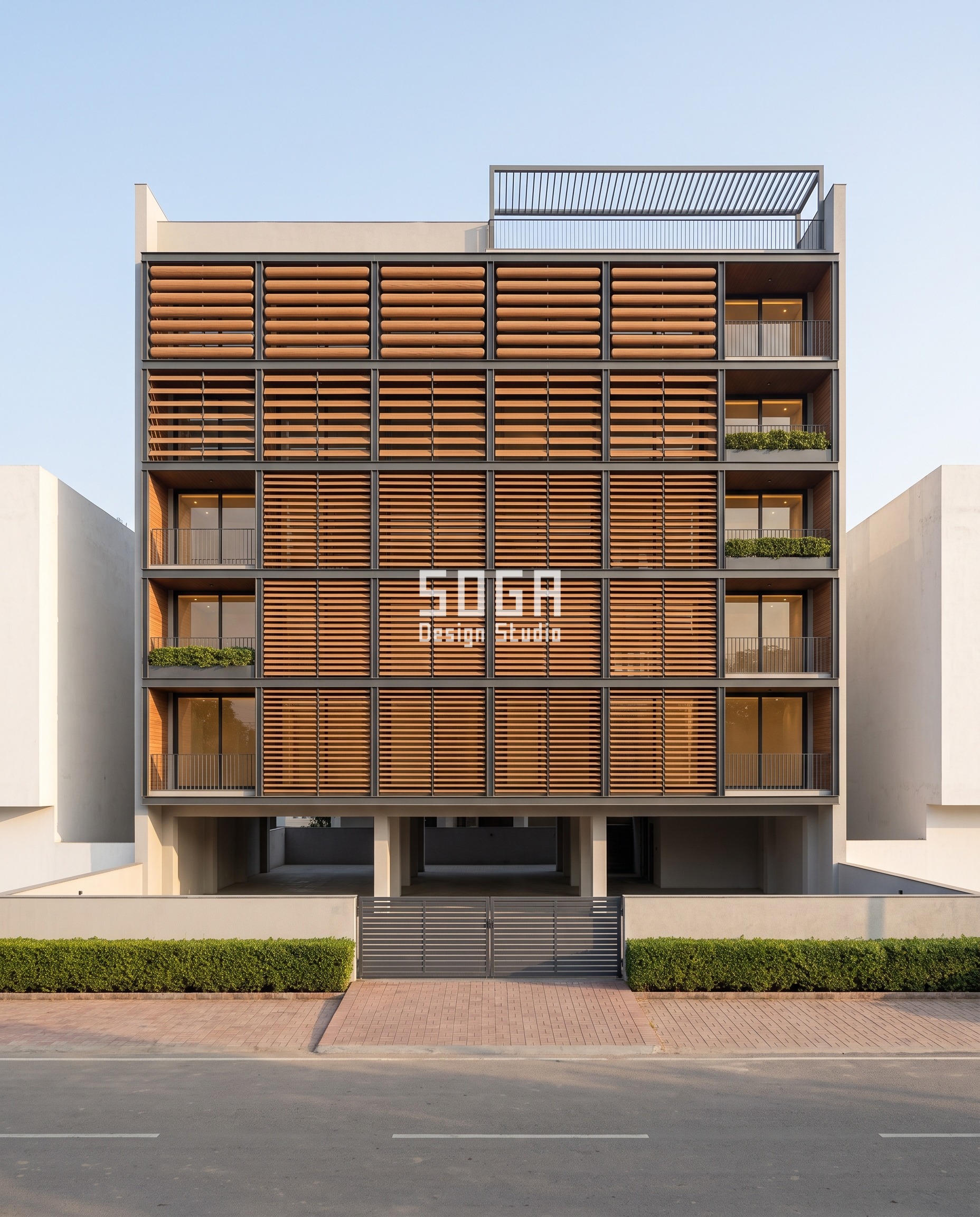 East Facing House Elevation Design India: The 3-Hour Rule 3 East facing house elevation design in Karnal: a G+5 residence with teak-tone aerofoil louvres whose blade thickness grows floor by floor, thin slats low and fat rounded blades at the top, in low 8:30 am light