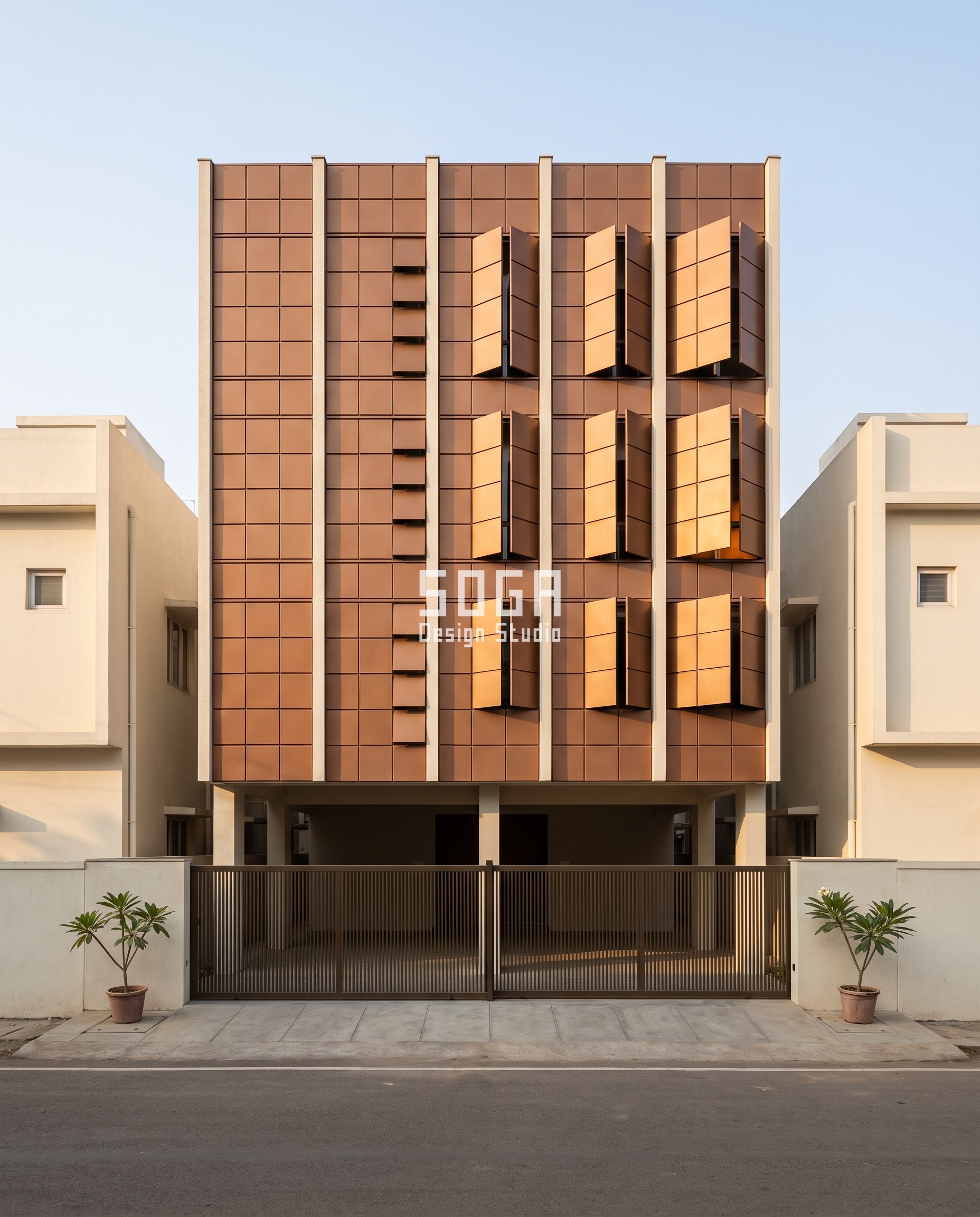 East Facing House Elevation Design India: The 3-Hour Rule 1 East facing house elevation design in Jabalpur: a G+3 residence clad in a cinnamon-bronze metal tile skin in five columns, flat at the left and opening into propped-out shading leaves towards the right, in mid-morning sun