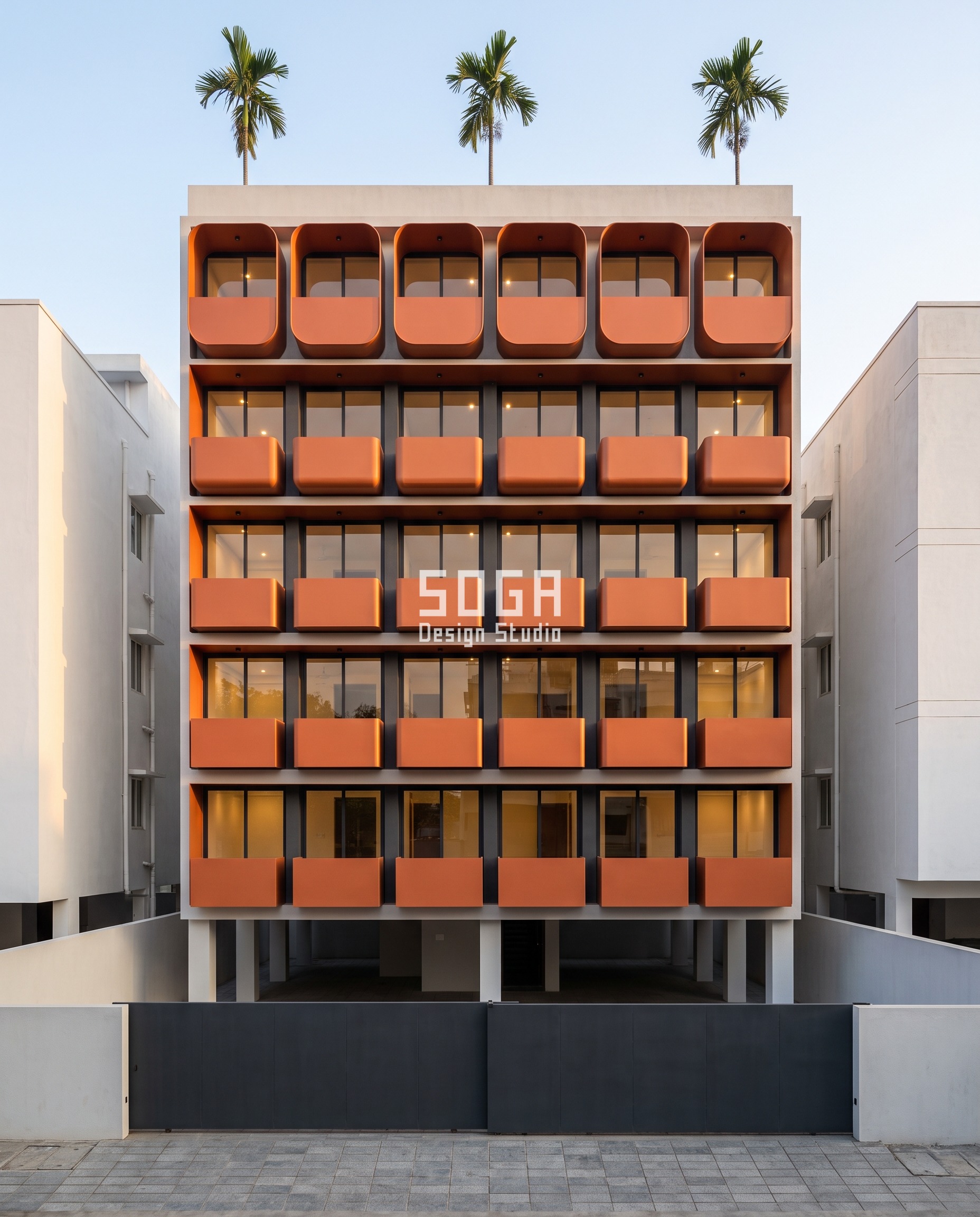 East Facing House Elevation Design India: The 3-Hour Rule 5 East facing house front elevation in Guntur: persimmon-orange steel balcony boxes on a G+5 residence, square-cornered on the lowest floor and rounding floor by floor into smooth capsules at the top, early morning sun
