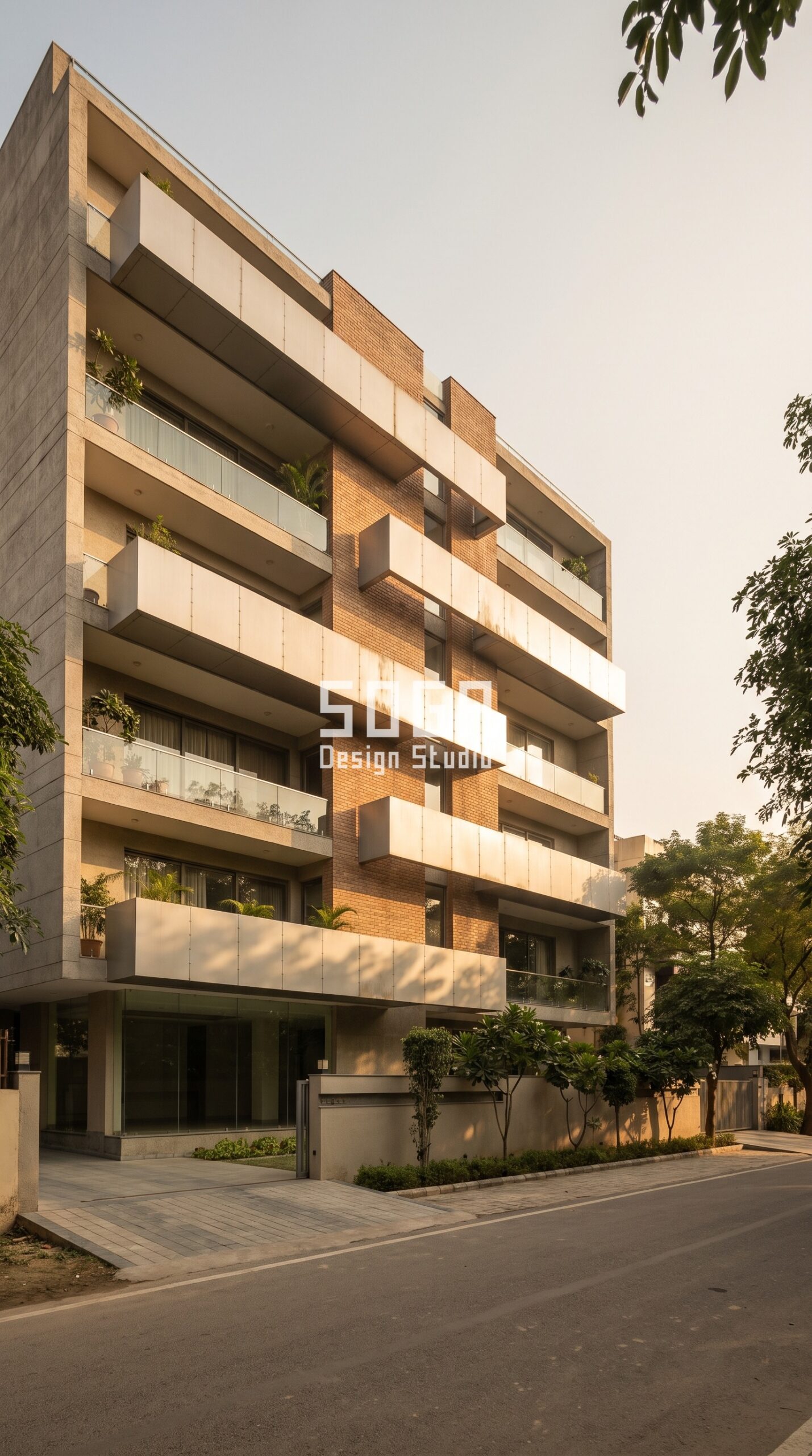 How to Clean Elevation Panels on Upper Floors in India 2026 3 Parametric Tray Pulse champagne-beige brushed metal facade, Sushant Lok, Gurugram - SOGA Design Studio