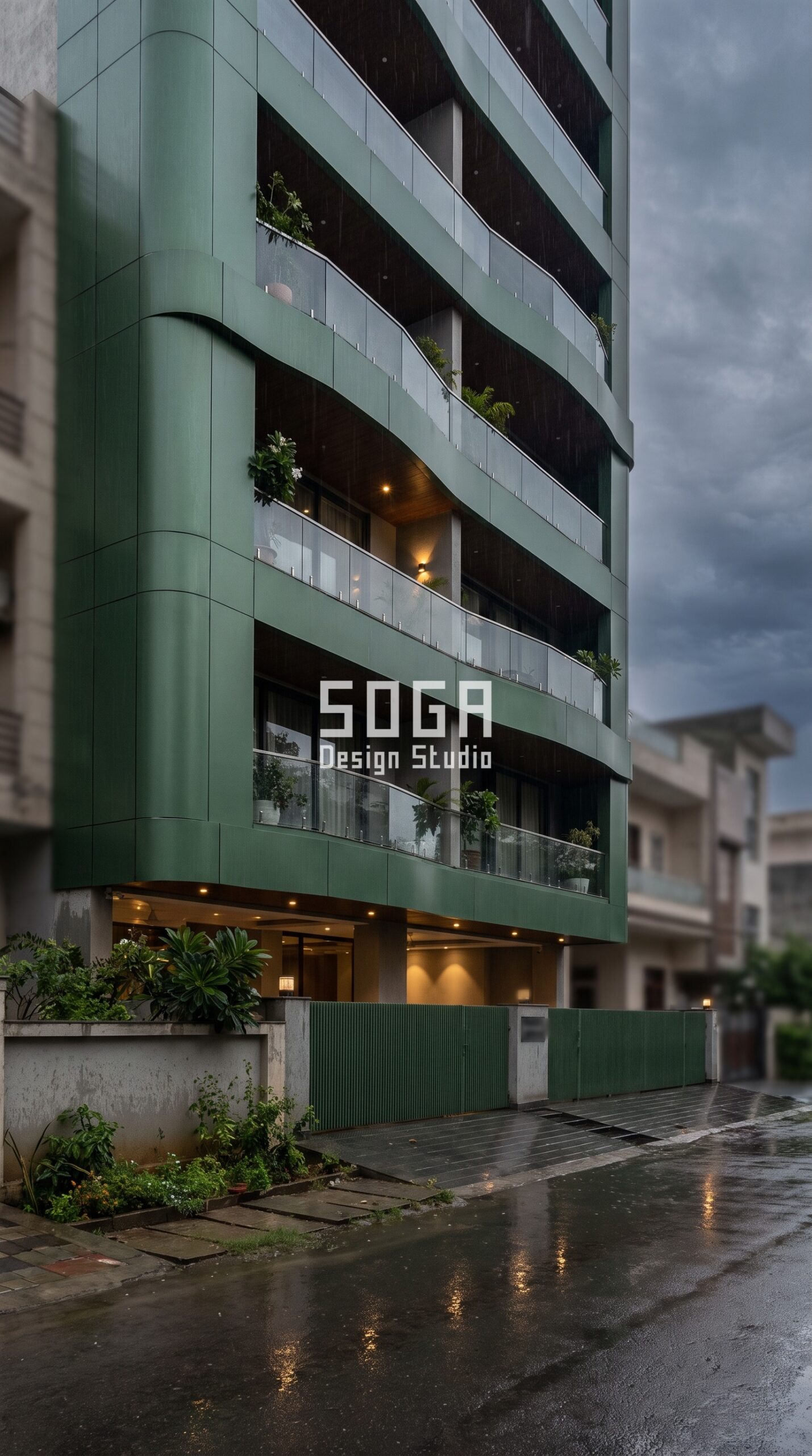 How to Clean Elevation Panels on Upper Floors in India 2026 2 Parametric Serpentine Shell forest green facade, Mohali - SOGA Design Studio