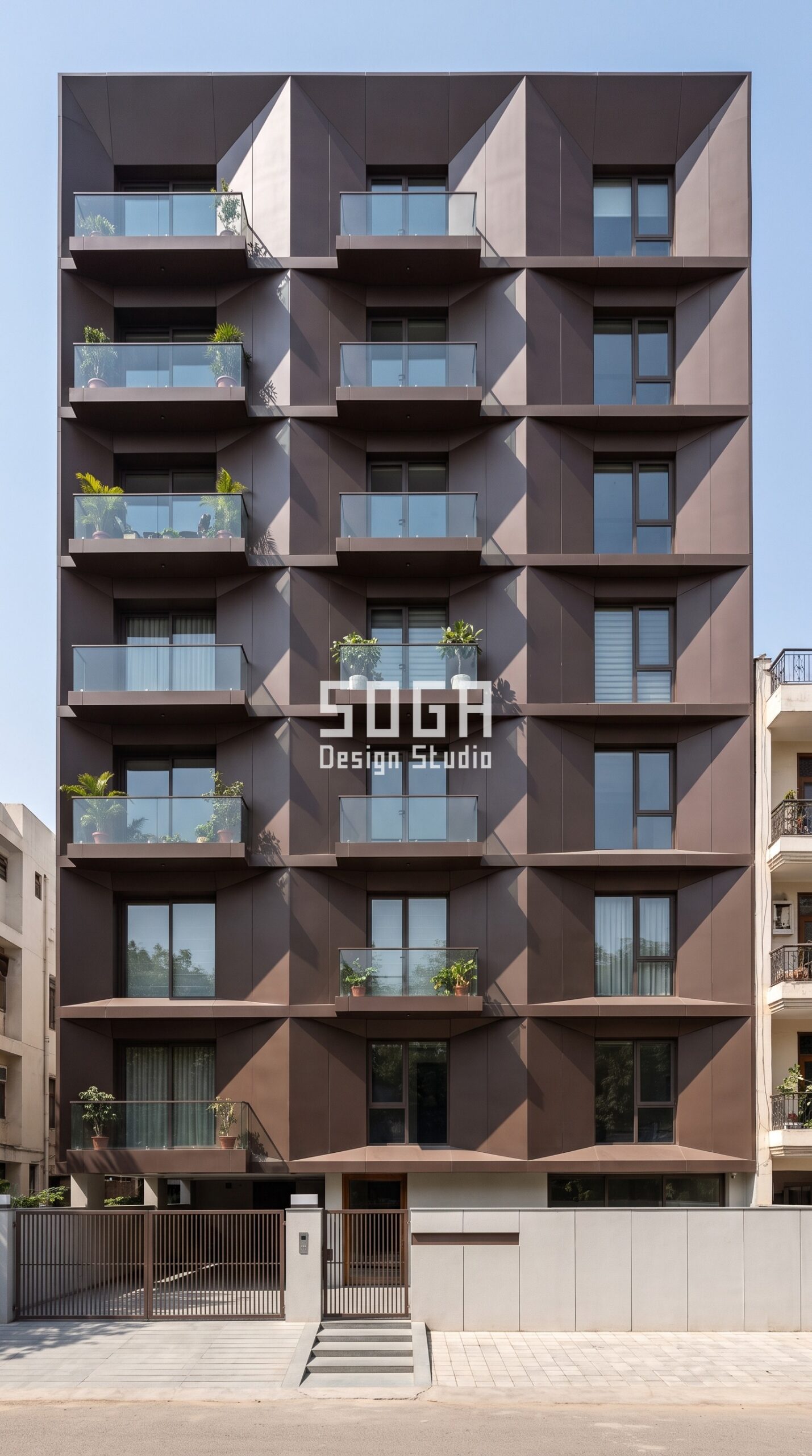 How to Clean Elevation Panels on Upper Floors in India 2026 4 Parametric Fold Grid ral 8014 sepia brown steel facade, Defence Colony, New Delhi - SOGA Design Studio