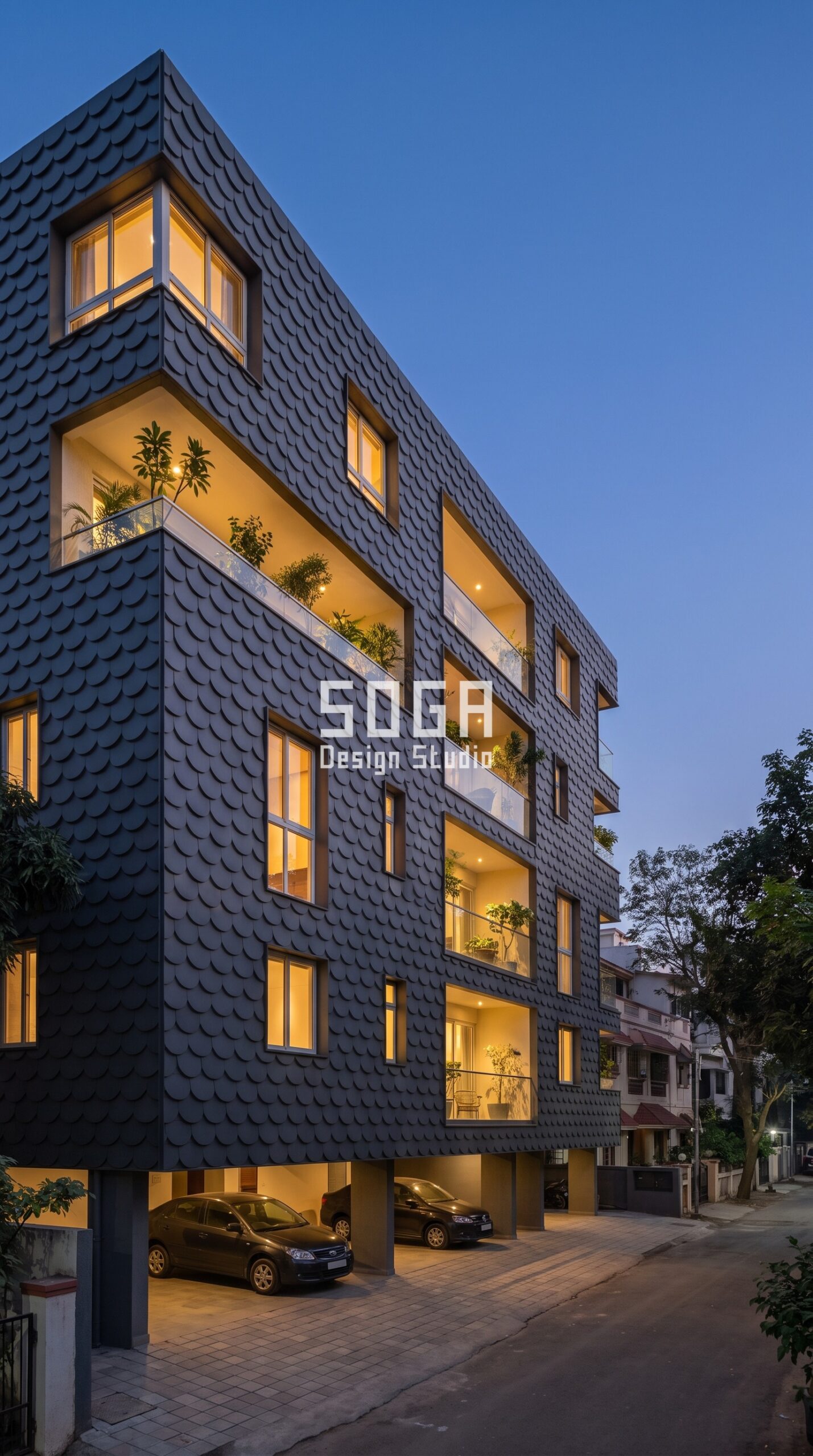 How to Clean Elevation Panels on Upper Floors in India 2026 1 Parametric Imbricate Shell ral 7016 anthracite grey steel facade, Koregaon Park, Pune - SOGA Design Studio