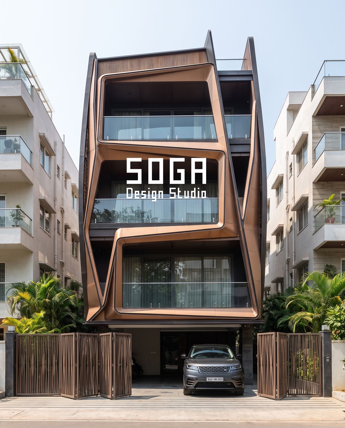 An angular bronze facade on a residential lane, the kind of site where a local contractor surveys the frame for the designer