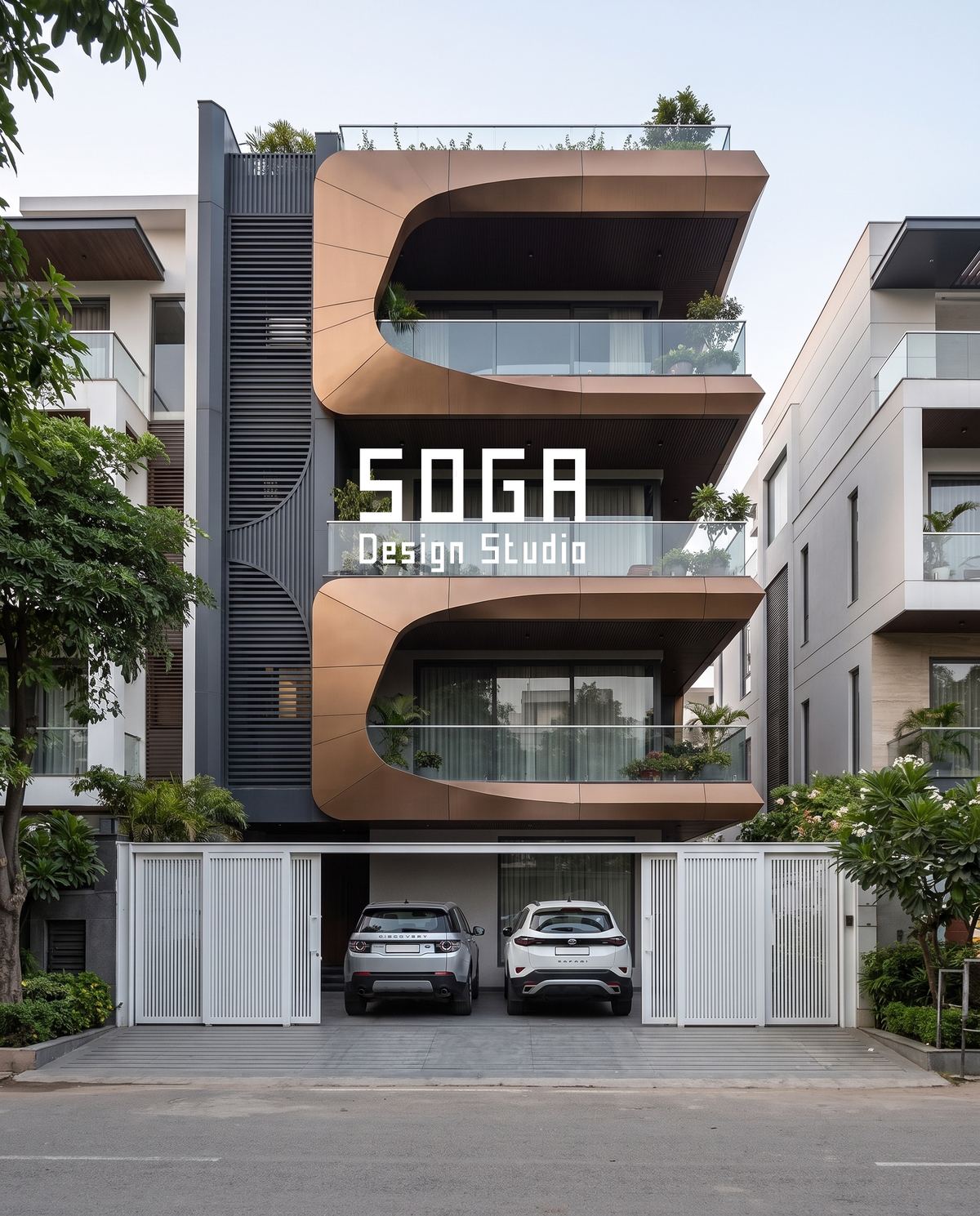 A dark and copper ribbon elevation, the sort of geometry that decides how many designer site visits a project needs