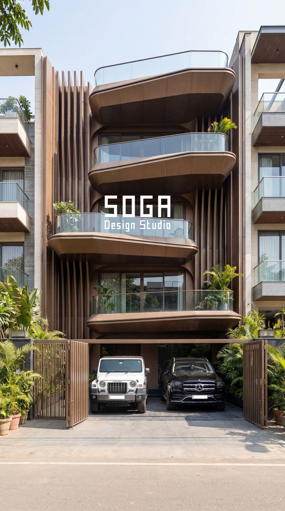 Timber and curved balconies with planting, a completed elevation coordinated between a remote designer and a local fabricator