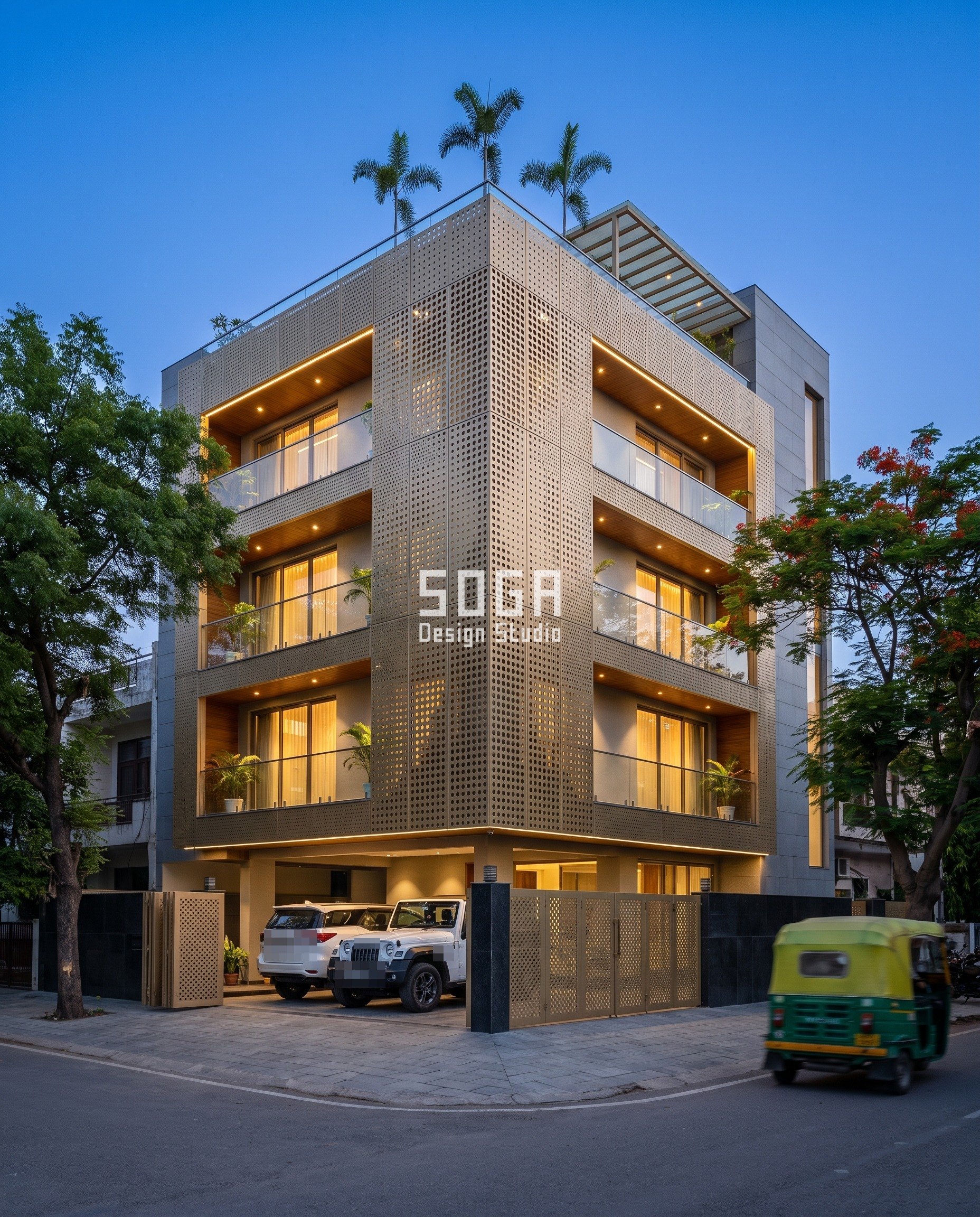 House Elevation Looks Flat in Dull Light: Sheen, Not Depth 2 Champagne perforated corner elevation at blue hour, hole size graded 12 to 70 mm so the facade still reads in dull light