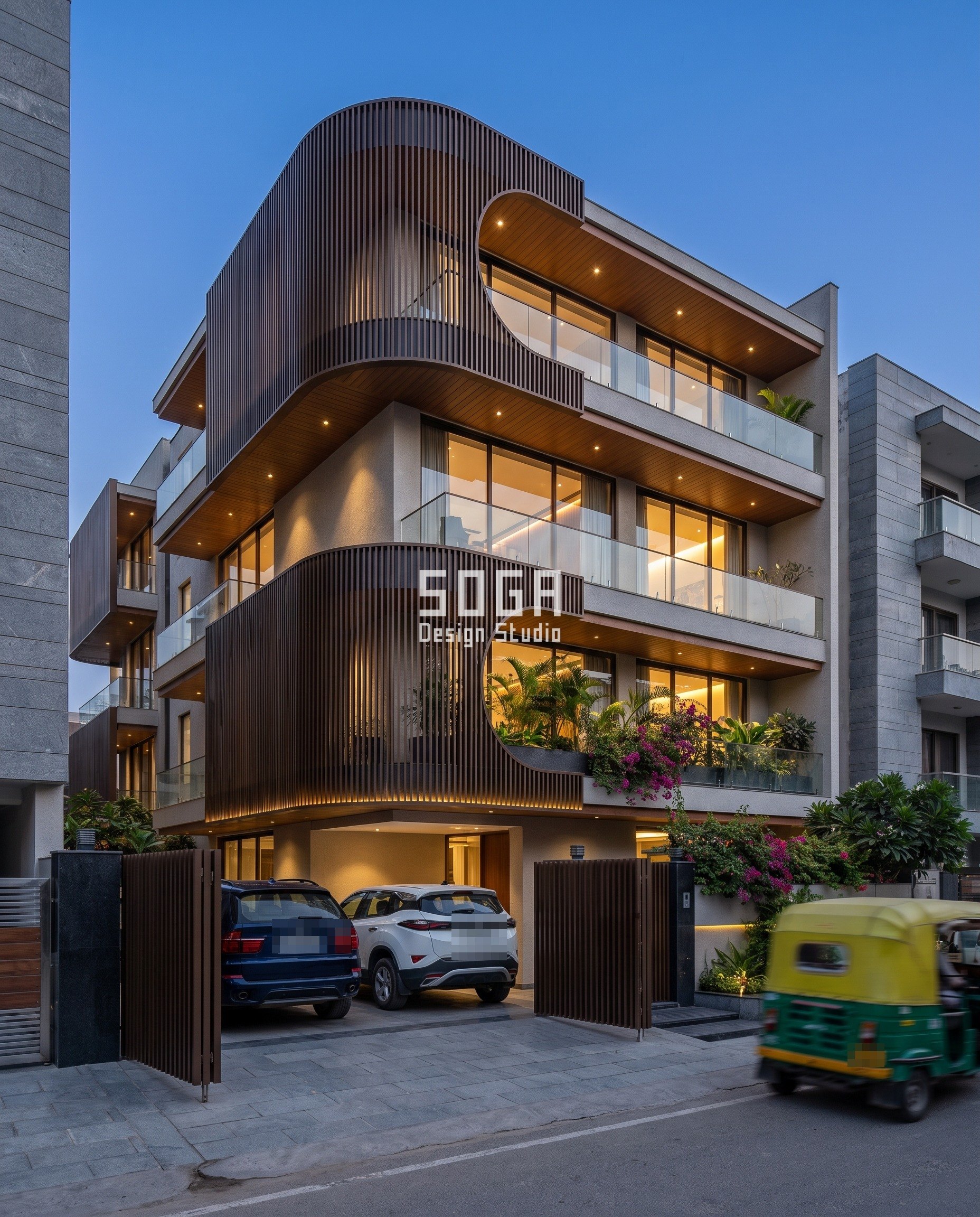 House Elevation Looks Flat in Dull Light: Sheen, Not Depth 5 Dark bronze C-band elevation in Jaipur at blue hour, warm interior light setting up the value contrast