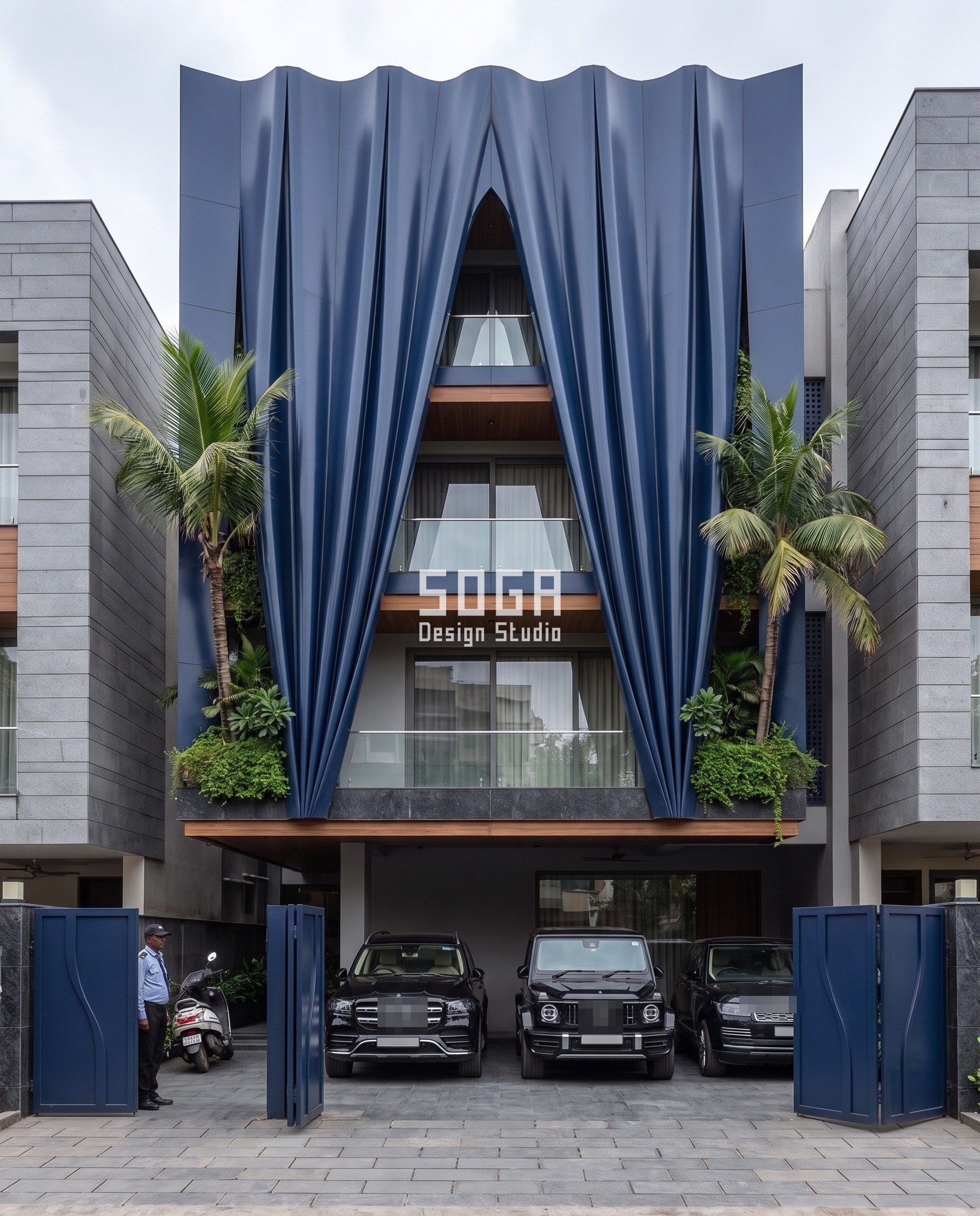 House Elevation Looks Flat in Dull Light: Sheen, Not Depth 3 Navy metallic drape elevation under an overcast Bandra sky, six folds parting over a tall pointed opening