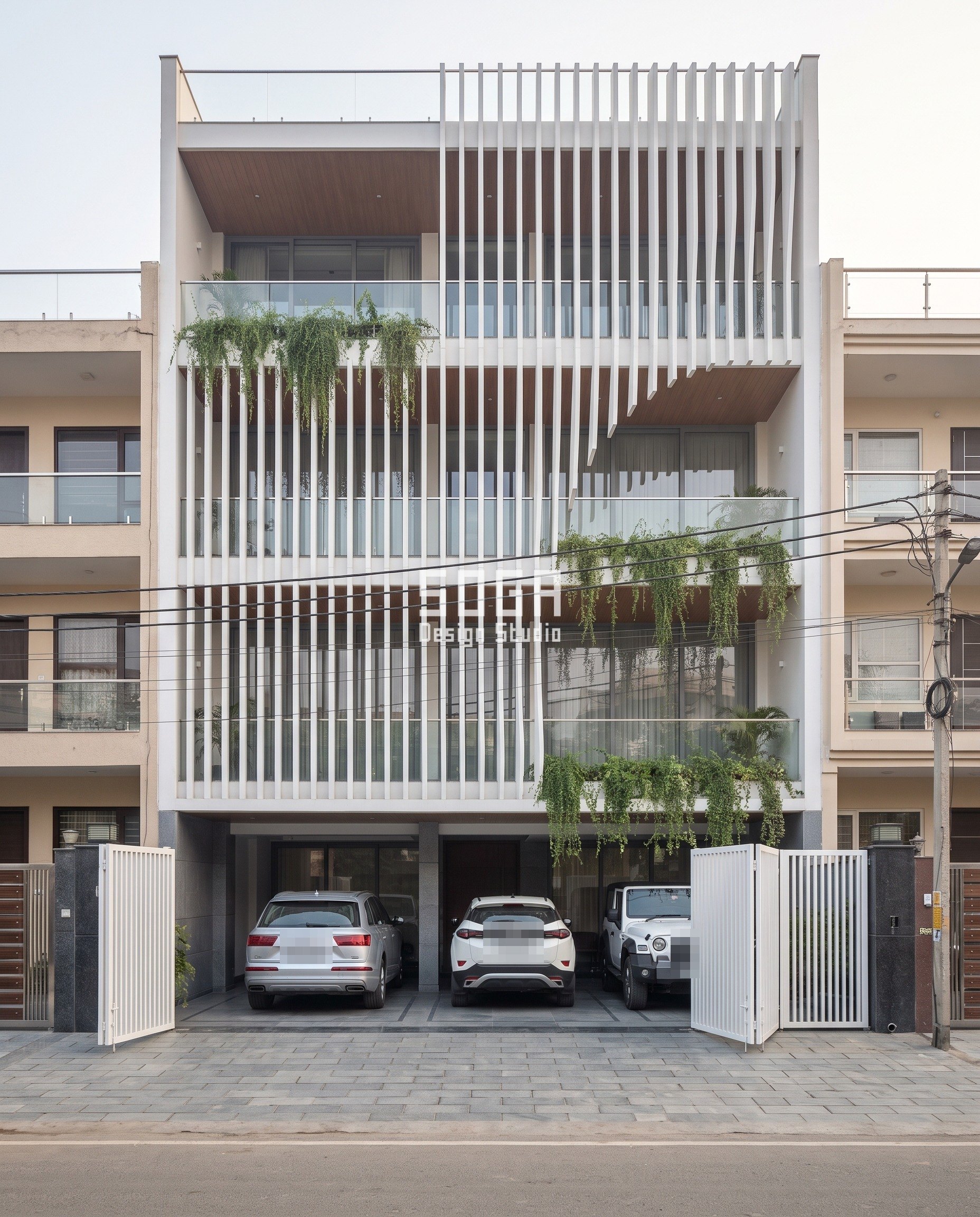 House Elevation Looks Flat in Dull Light: Sheen, Not Depth 4 White GFRC fins twisting across a Noida builder-floor elevation in winter haze, the silhouette carrying the design