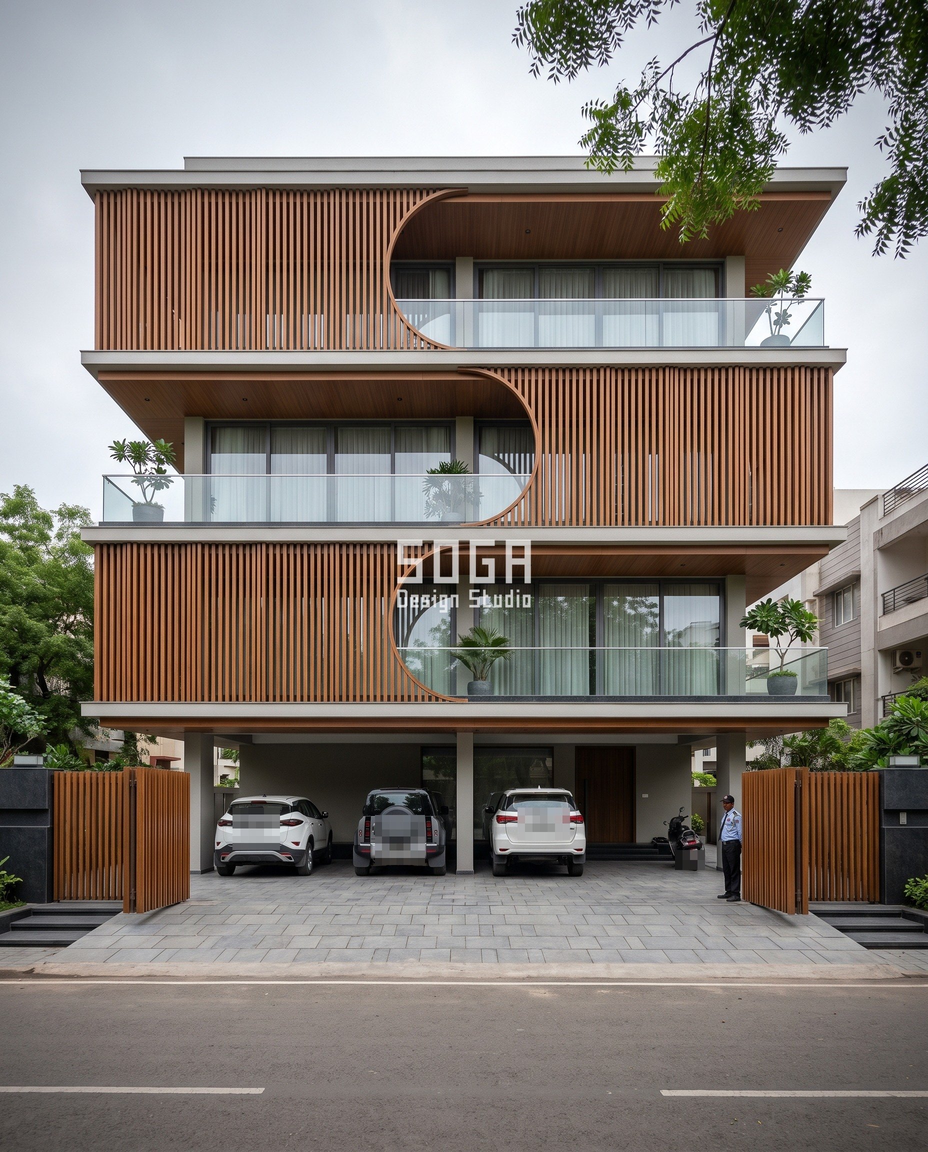 House Elevation Looks Flat in Dull Light: Sheen, Not Depth 1 Teak-fin house elevation in flat overcast light, a deep crescent scooped out of the fin field so the front still reads without sun