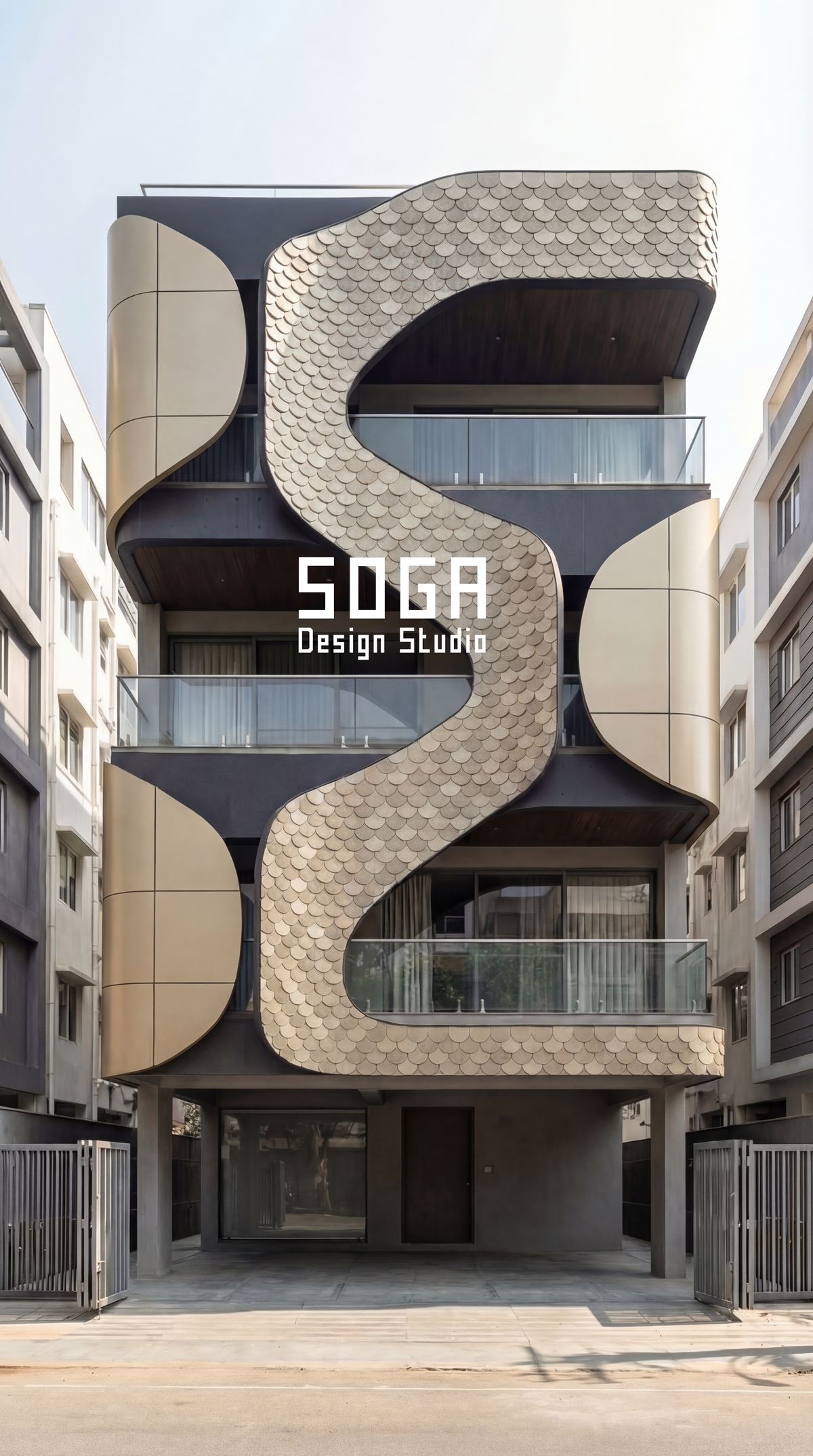 Vastu And A Parametric Elevation: How Both Work Together 2 A silver-grey scale-clad facade on a narrow Indian plot, a contemporary parametric skin designed within Vastu entrance and height guidance