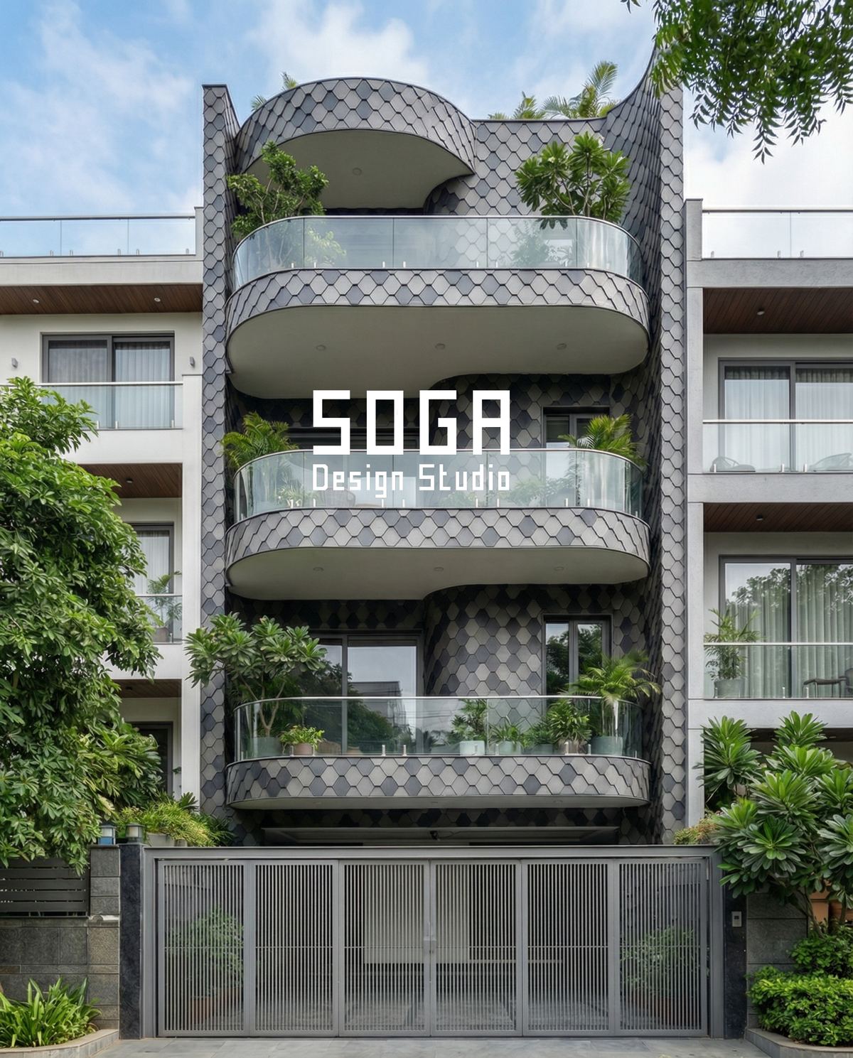 Grey scale-clad curved balcony bands on an Indian house, the projecting slab edge acting as a horizontal sunshade for the floor below