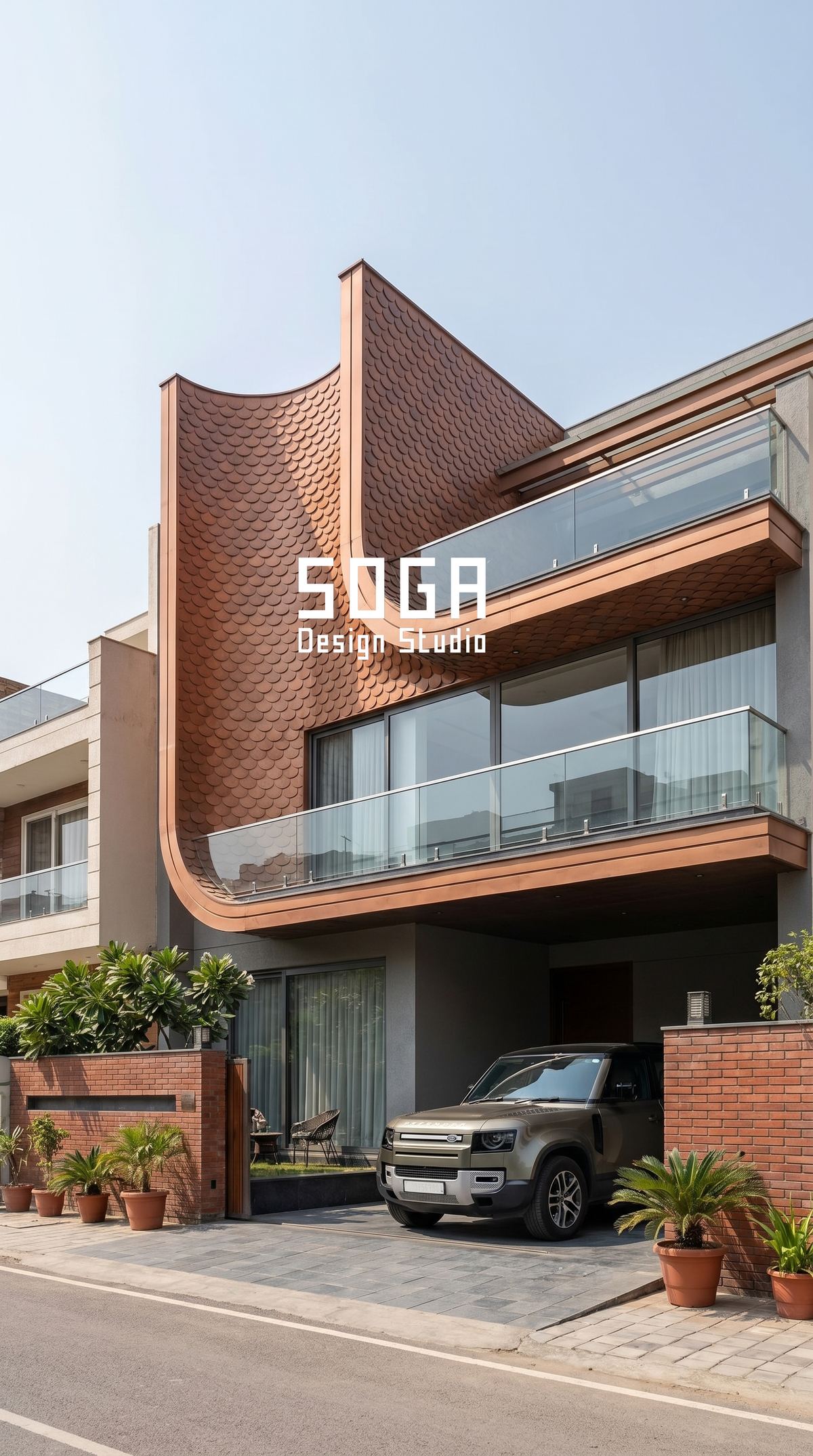 Parametric Facade Maintenance In India: The 20-Year Reality 5 A copper shingle skin wrapping the corner of an Indian house, discrete repeated units that can be replaced one at a time