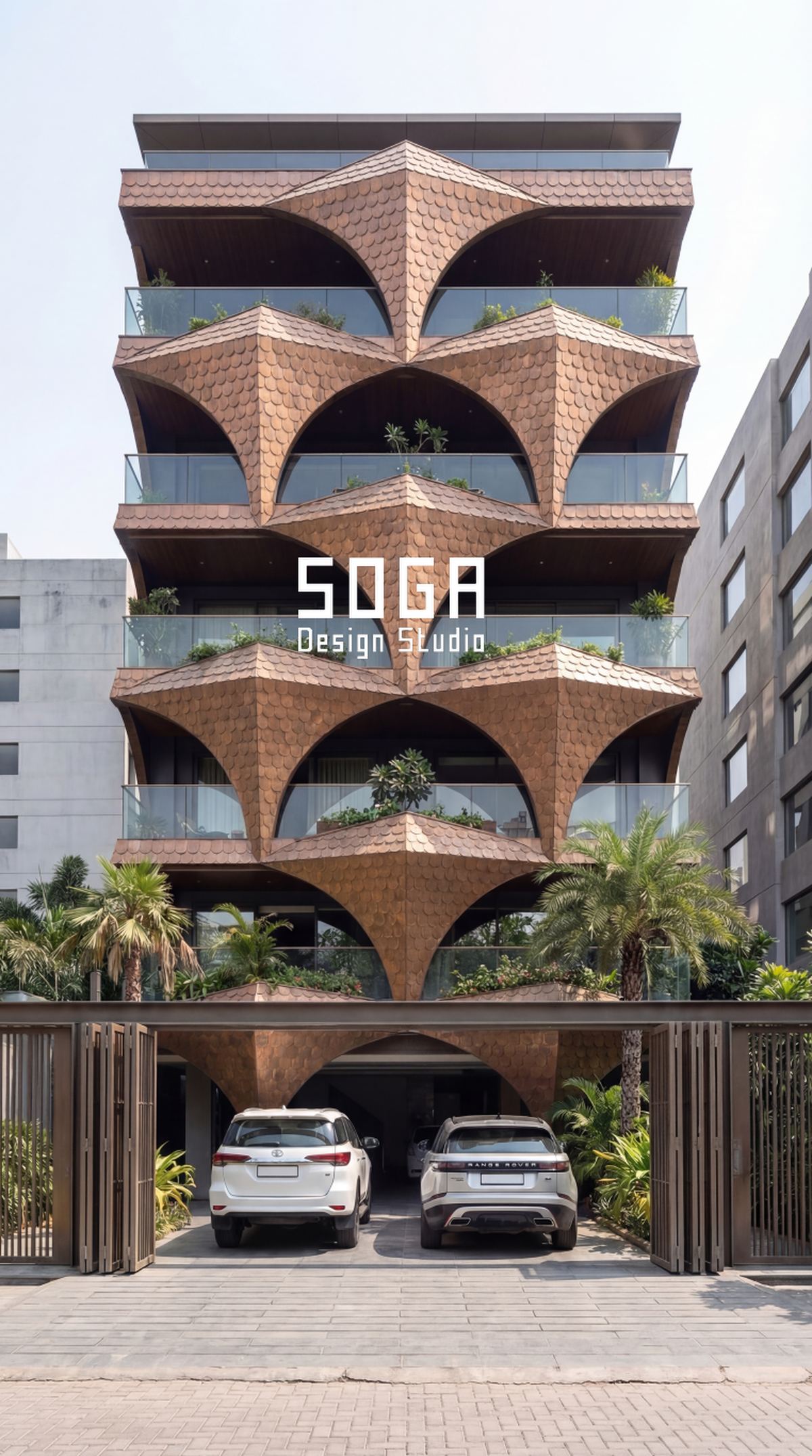 What Makes A Facade Iconic In India? Five Qualities 4 Stacked terracotta vaulted units on a G+4 Indian elevation, each vault shading the window directly beneath it