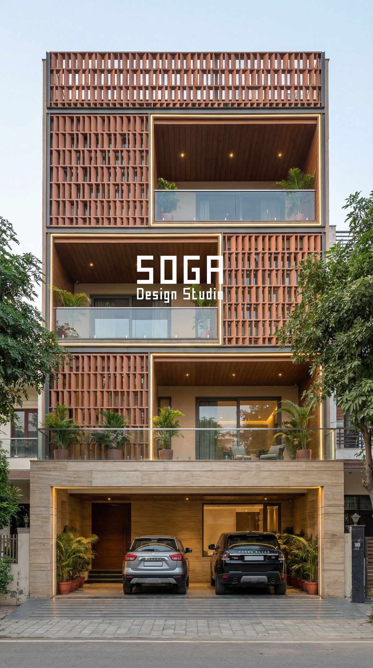 Parametric Facade Maintenance In India: The 20-Year Reality 4 A perforated terracotta screen on an Indian house frontage, the kind of deep relief that costs materially more to keep clean
