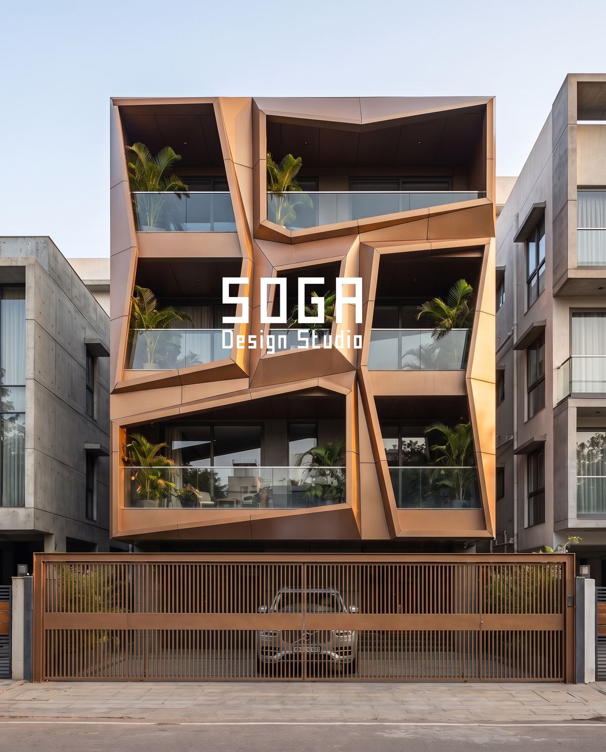 Elevation Lead Times: What To Order, And When, On A House 1 Bronze folded-plate elevation on a narrow-plot Indian house, a pressed unit whose press tool must be ordered long before installation