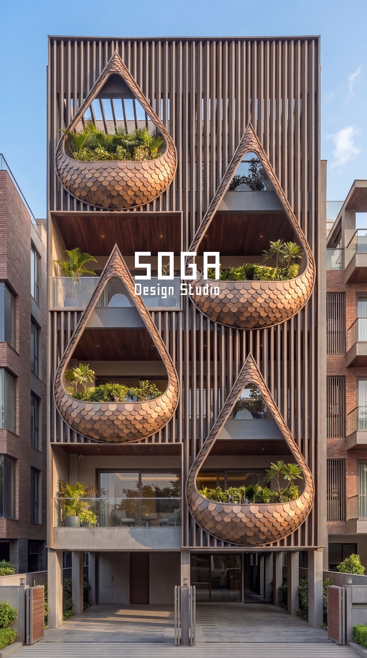 Elevation Lead Times: What To Order, And When, On A House 2 Woven teardrop planter modules on a G+4 Indian house elevation, the kind of bespoke unit that carries the longest lead time in the package