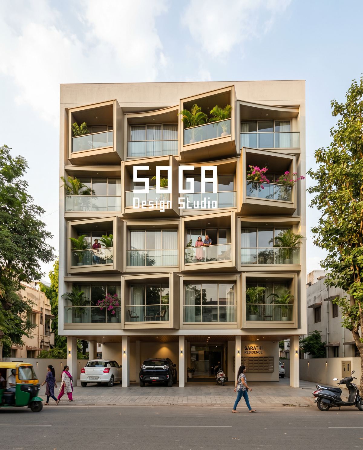 Elevation Lead Times: What To Order, And When, On A House 3 Coursed timber balcony bands with planting on an Indian house elevation, a catalogue profile available on a short lead time
