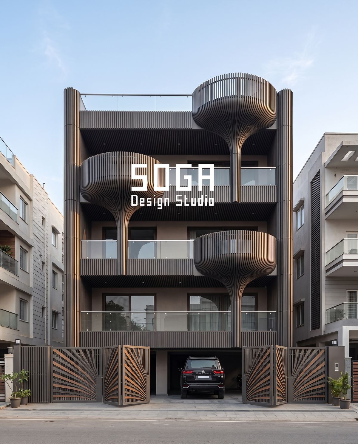 Elevation Lead Times: What To Order, And When, On A House 4 Dark pod balconies on a G+3 Indian house elevation, a moulded form whose mould has to be made before any panel is produced