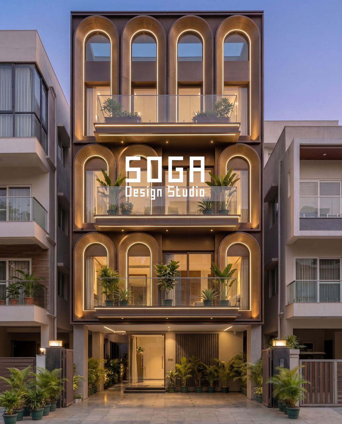 Elevation Lighting: What Gets Built In Before The Skin 2 An arched house elevation with concealed cove lighting to every arch head, the drivers housed behind the reveal rather than on the wall
