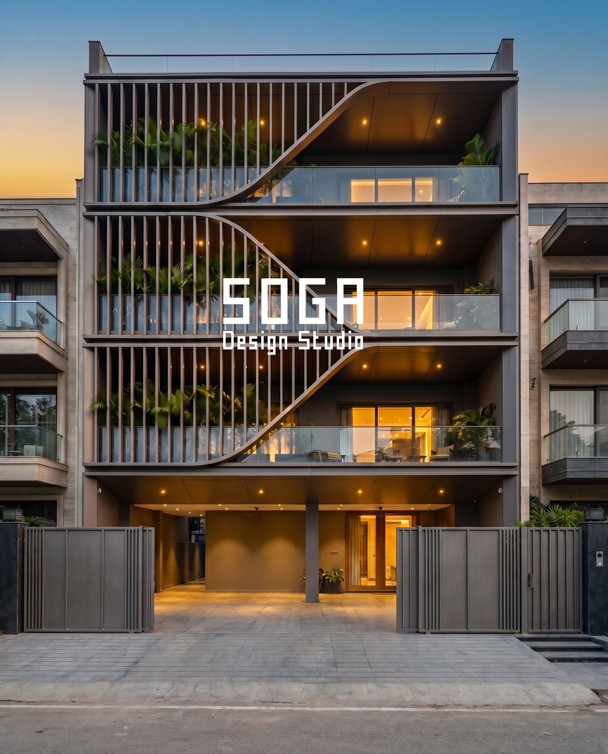 Elevation Lighting: What Gets Built In Before The Skin 3 Linear grazing light washing a fin elevation at dusk, with separate soffit downlights over the open stilt car porch