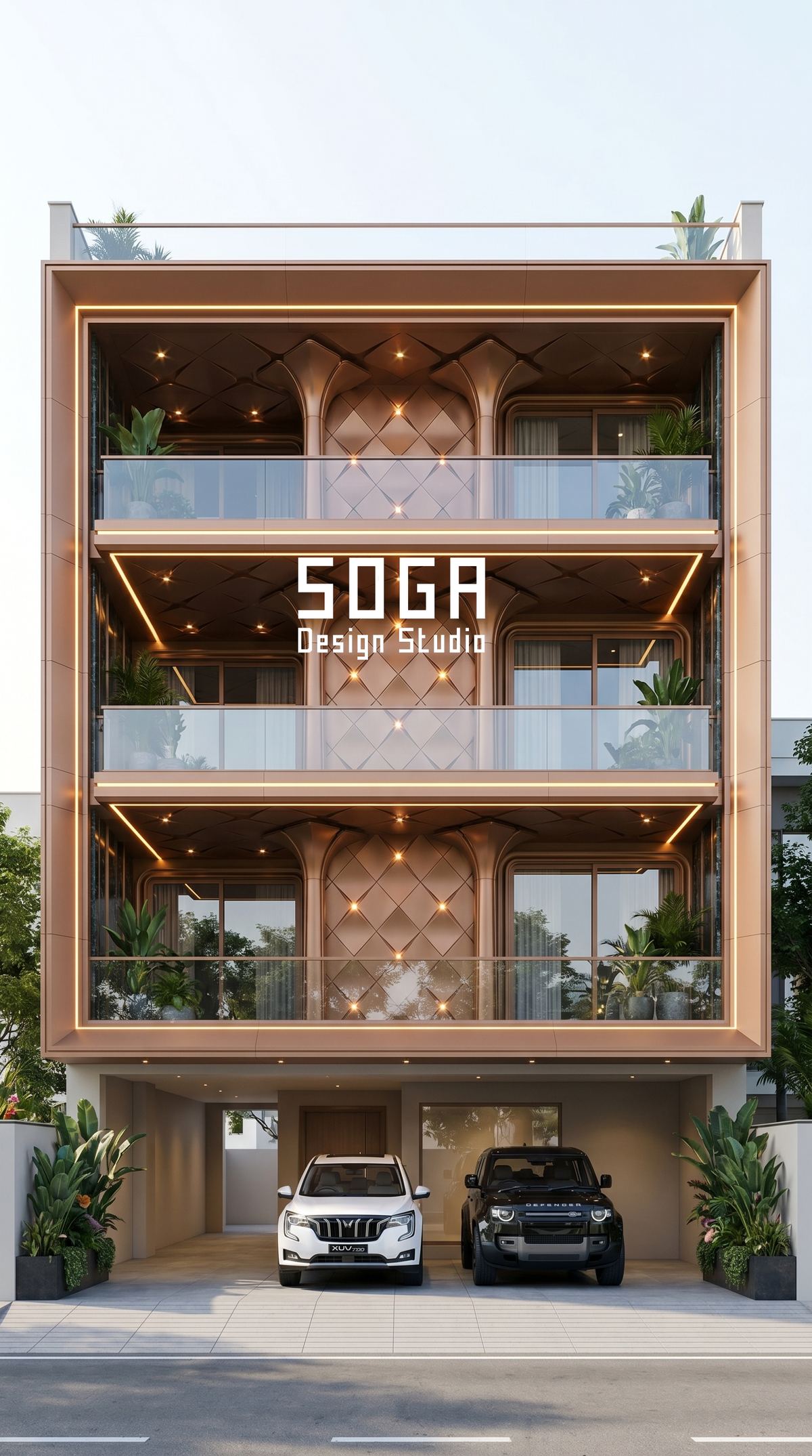 Elevation Lighting: What Gets Built In Before The Skin 4 An edge-lit frame around a patterned infill panel on a G+3 Indian house elevation, the LED channel integrated into the frame profile