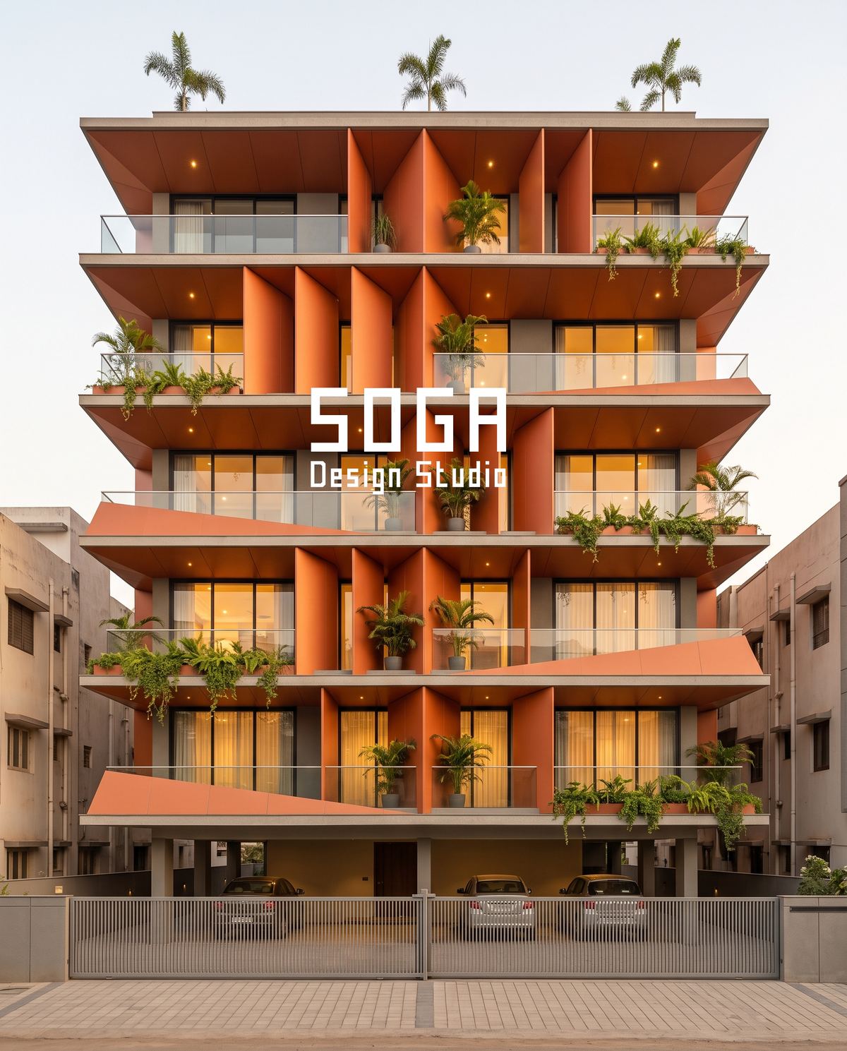 Elevation Lighting: What Gets Built In Before The Skin 5 Terracotta fins with warm interior spill on an Indian house elevation at dusk, facade lighting planned with the skin rather than added afterwards