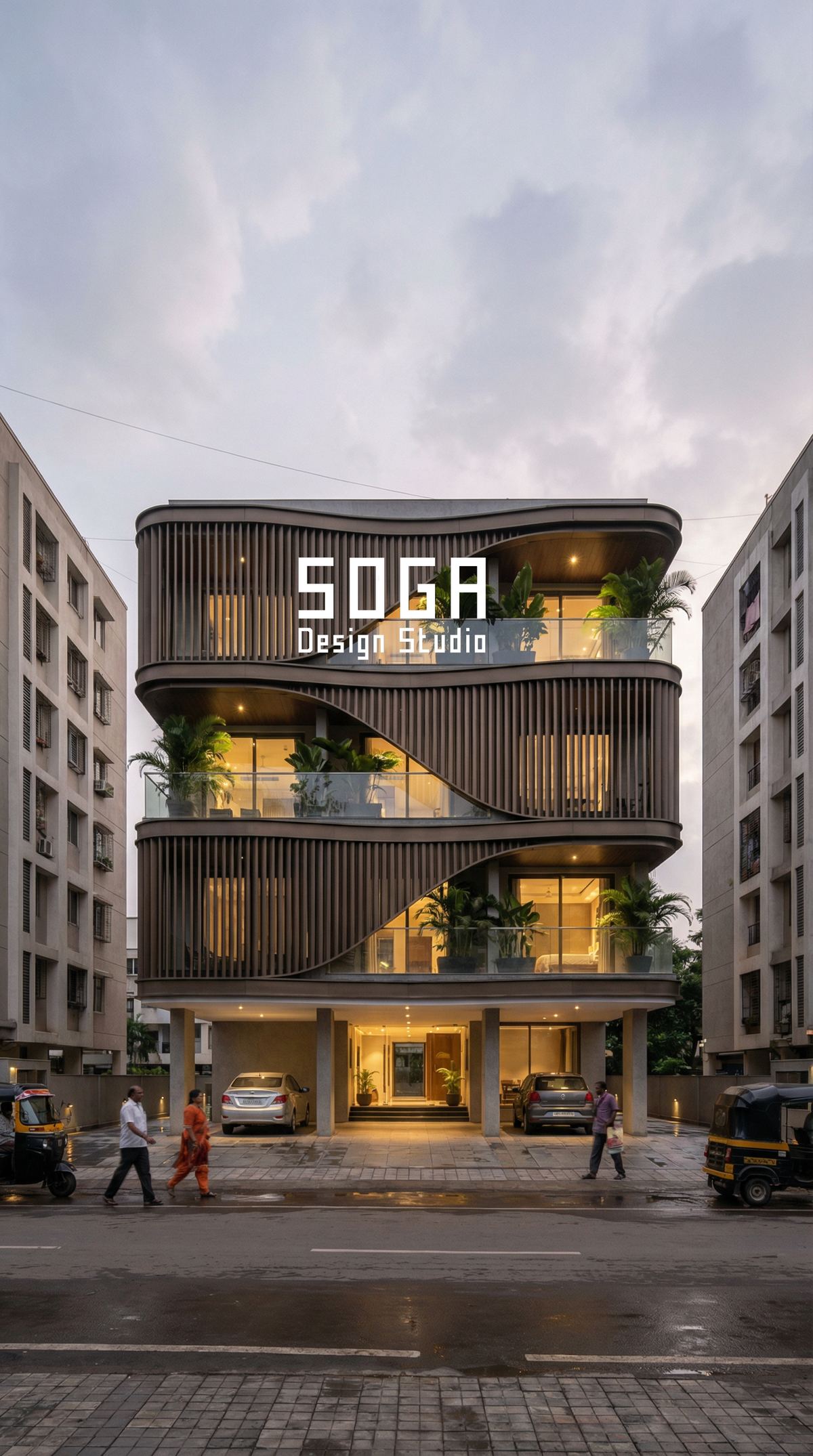 Elevation Lighting: What Gets Built In Before The Skin 6 Curved balcony bands lit from the slab edge on a narrow-plot Indian house, the fixture line concealed within the band